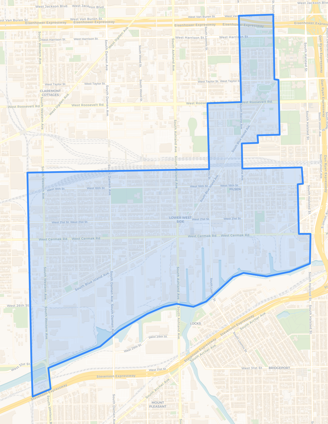 A map of the proposed Pilsen ARO Pilot Area via Chicago Cityscape