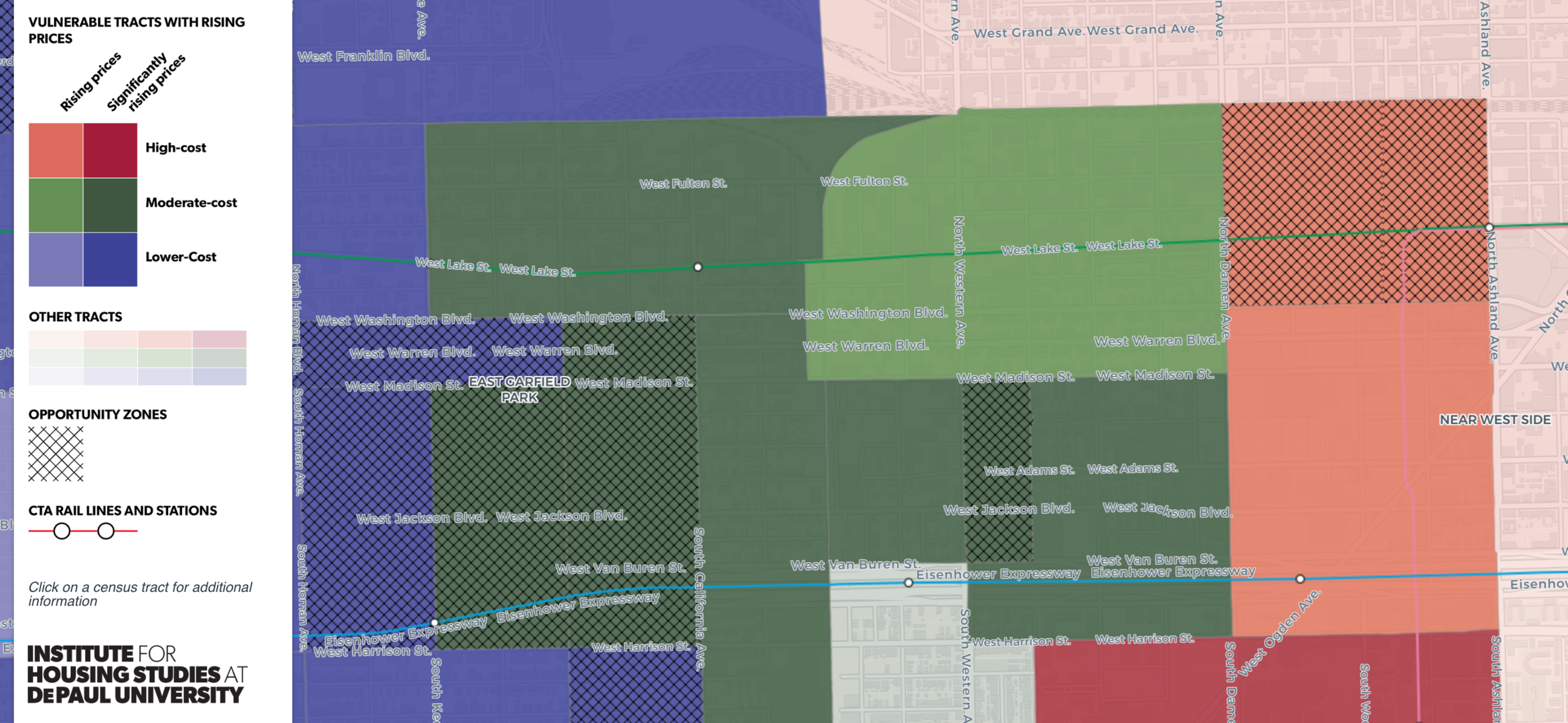 IHS’s Displacement Pressure map shows where gentrifiable areas and Opportunity Zones overlap.