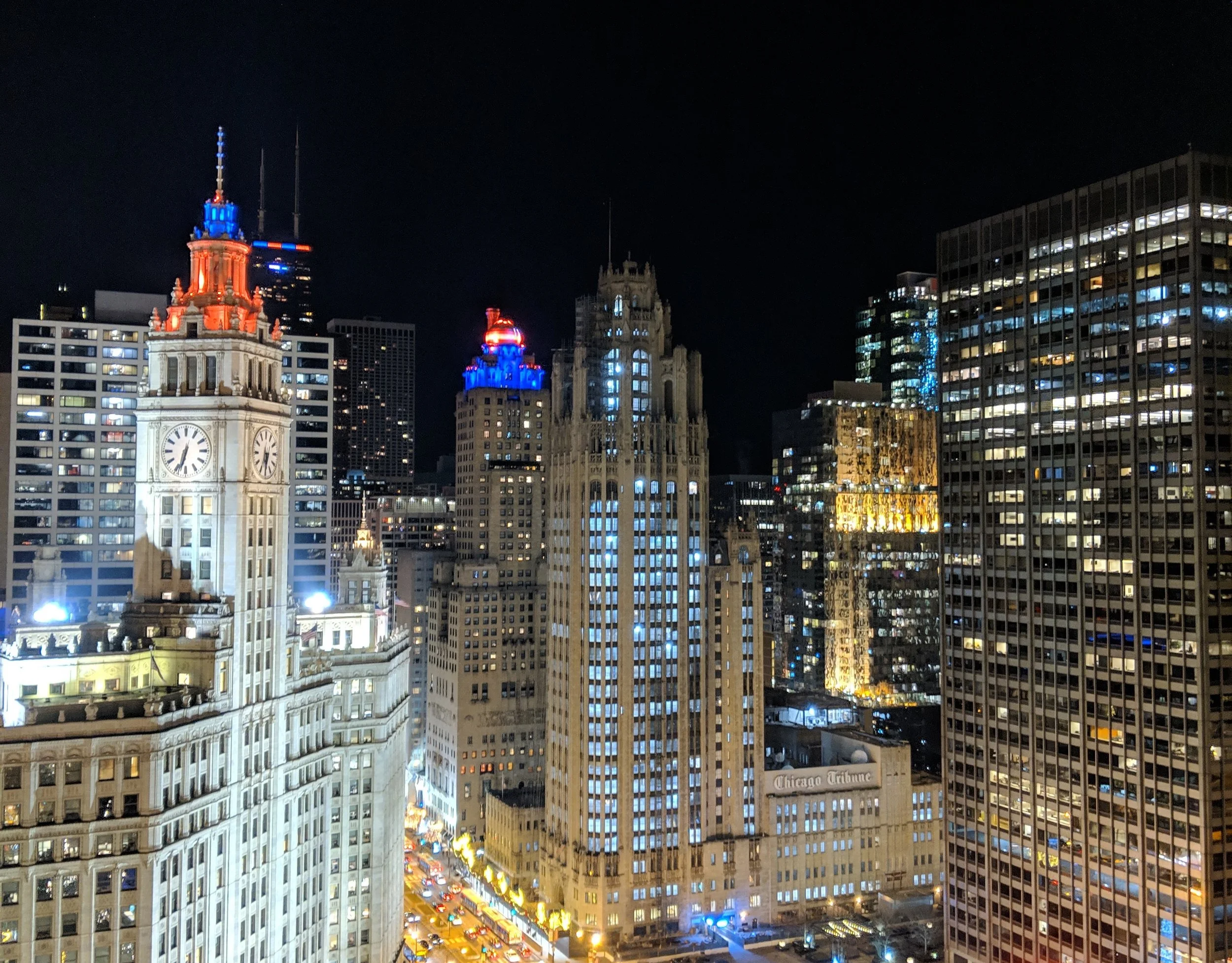 Tribune Tower at night in January 2019