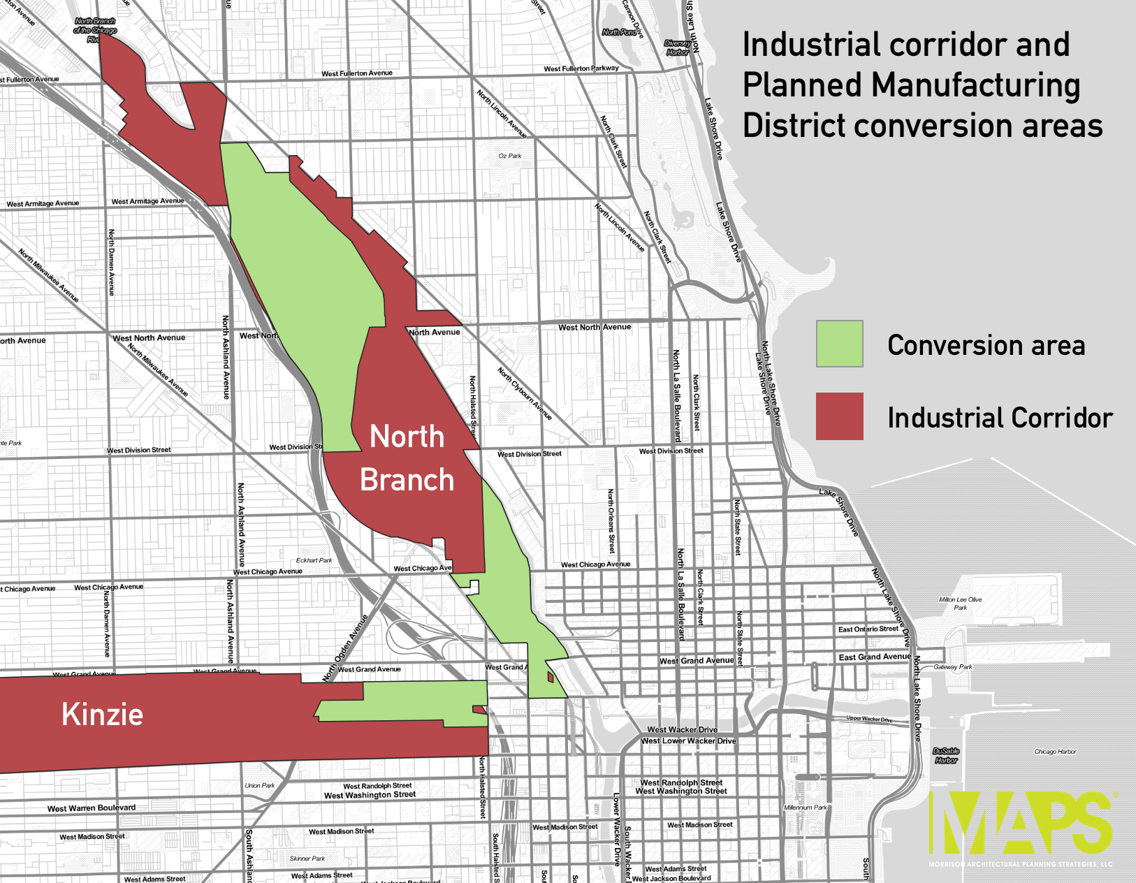 The map shows the conversion areas (in green) that would be eligible in the proposed ordinance. They are part of the Kinzie Overlay District and the North Branch Industrial Corridor. Conversion areas are areas that had been reserved for manufacturing uses and can, since July 2017, be rezoned to B, C, and DX, depending on the area.