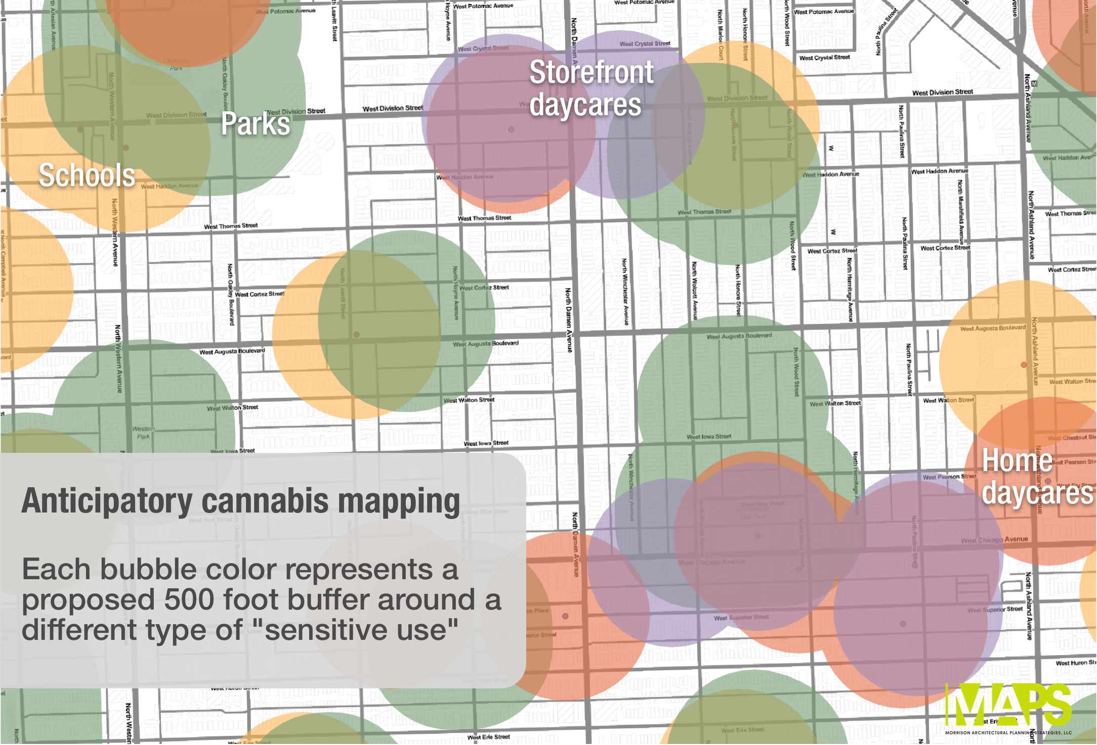 Bubbles represent a 500 foot buffer around known locations of sensitive uses, including parks and playgrounds. Eligible Chicago zoning districts are not shown because they haven't been established to allow recreational cannabis uses.