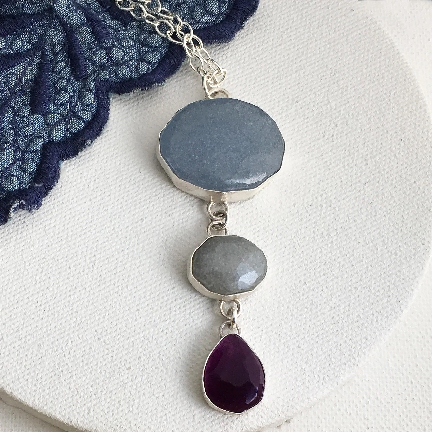 Adeline Necklace- Blue, Purple, Silver Handmade Glass Pendant Necklace