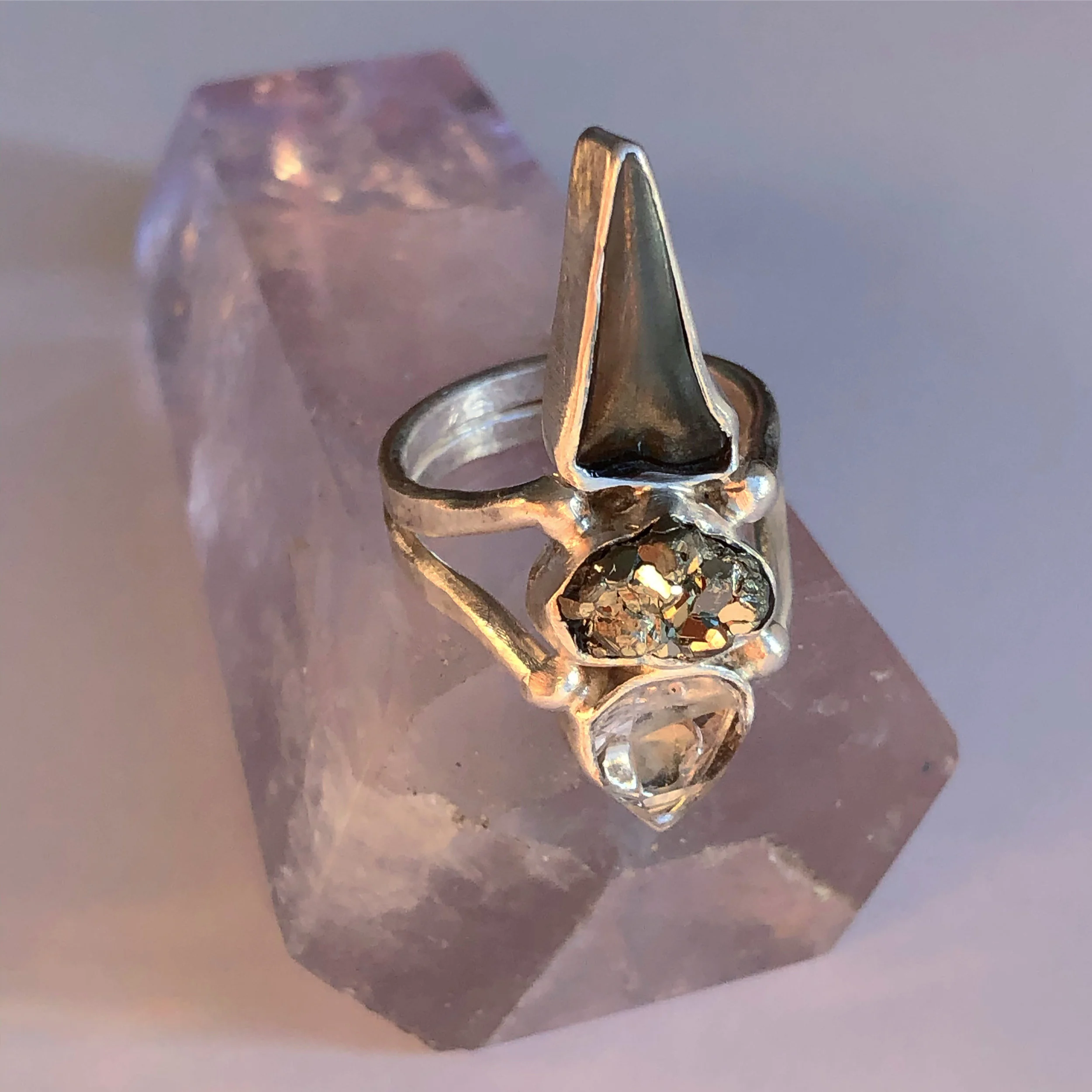 Herkimer/Pyrite/Shark Tooth Shard Ring