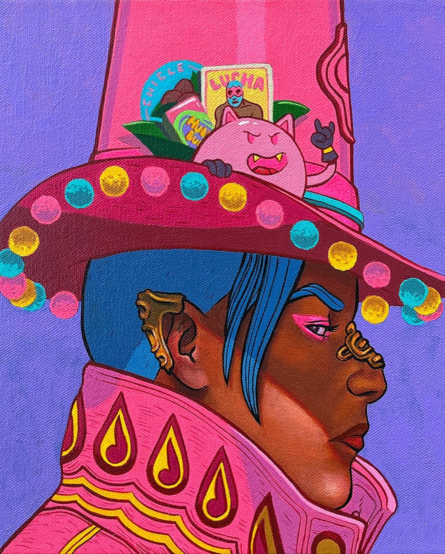 Newly finished piece. This one is titled Chicle, for the fanged tooth little friend in the brim of her hat. The world &ldquo;chicle&rdquo;, which is written in the blue circle on her hat, is the Spanish word for gum. Within this blue circle is a tree