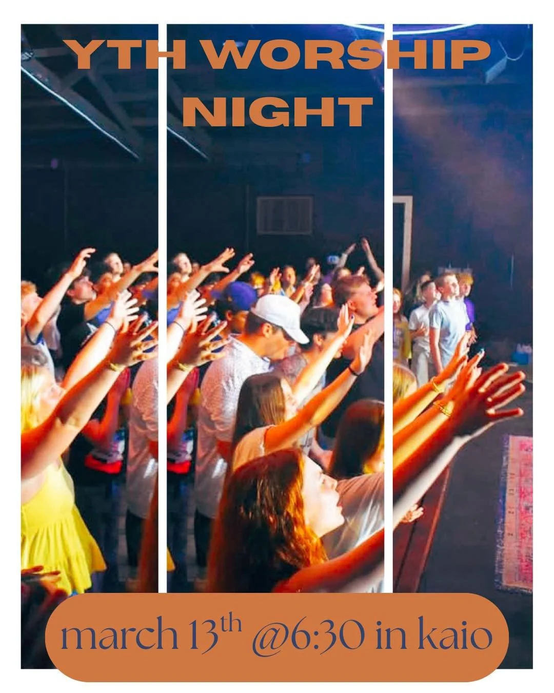 YOUTH WORSHIP NIGHT!!!! 
Friday March 13th, 6:30pm to 8:30pm.

Let&rsquo;s pack out the Kaio building and Worship King Jesus! So invite your friends and we will see you there 👊