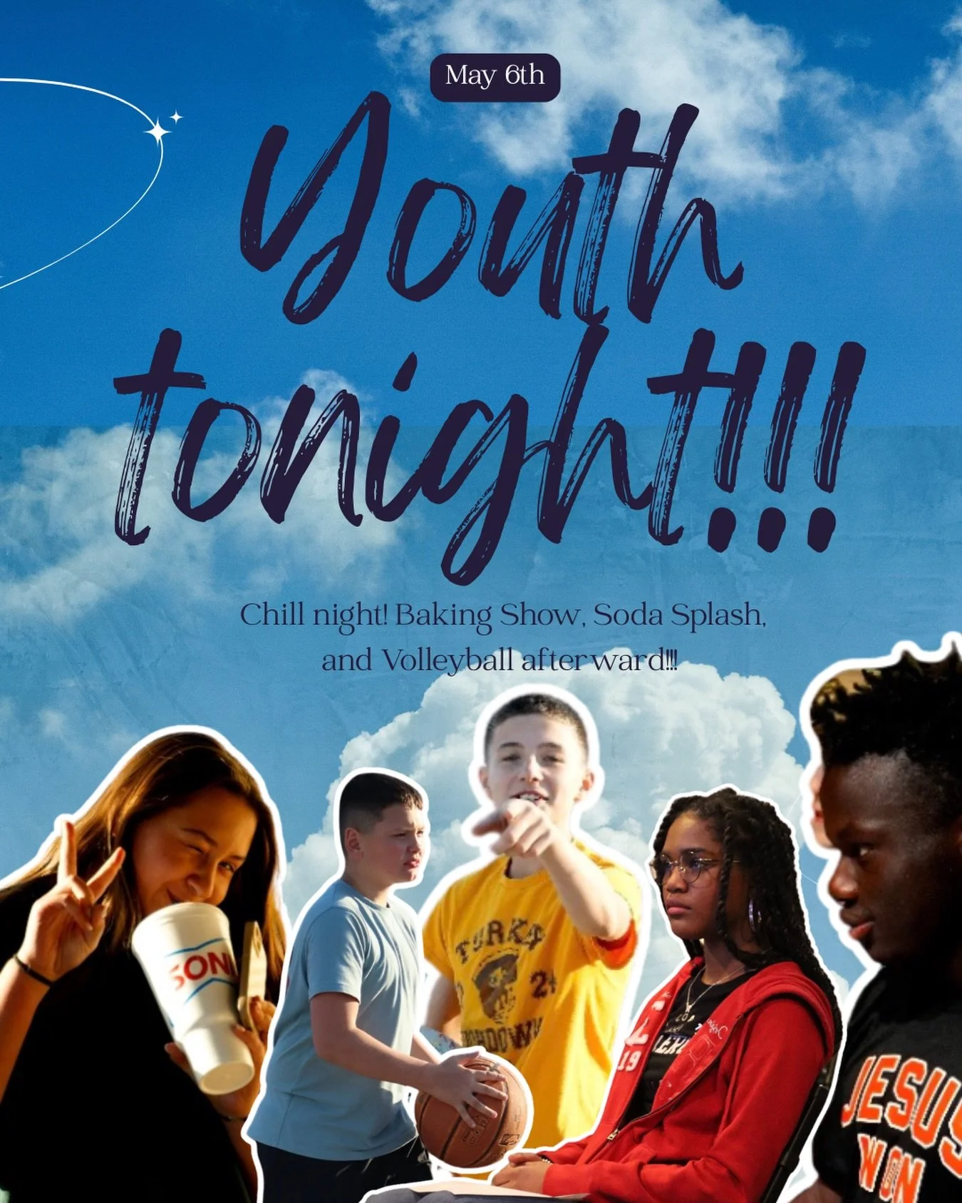 Youth tonight 😎
Keeping it chill for State Testing week &mdash; but still bringing the fun 👏

🍕 Pizza
🥤 Soda Splash
🧁 Baking Show
🏐 Volleyball afterwards

Grab a friend and pull up tonight! Doors open at 6