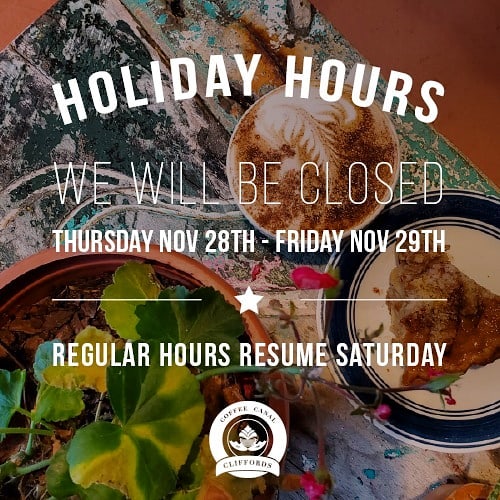 Morning friends!

We will be closed Thursday Thanksgiving day and Friday with regular hours resuming that Saturday.

We hope you all have a great holiday with your loved ones. Happy holidays! 🍁🎄