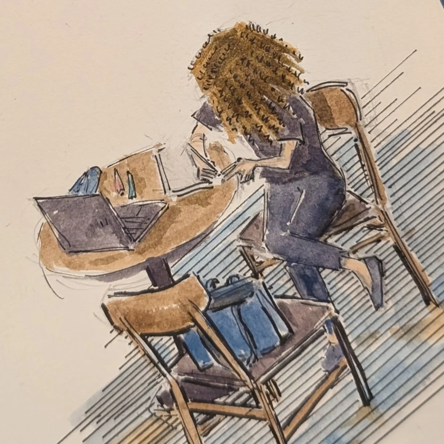 Sketching strangers at a coffee shop. 🤫 

But if you do know this person, please complement her hair, it is really awesome 🤩

___
#watercolor #sketch