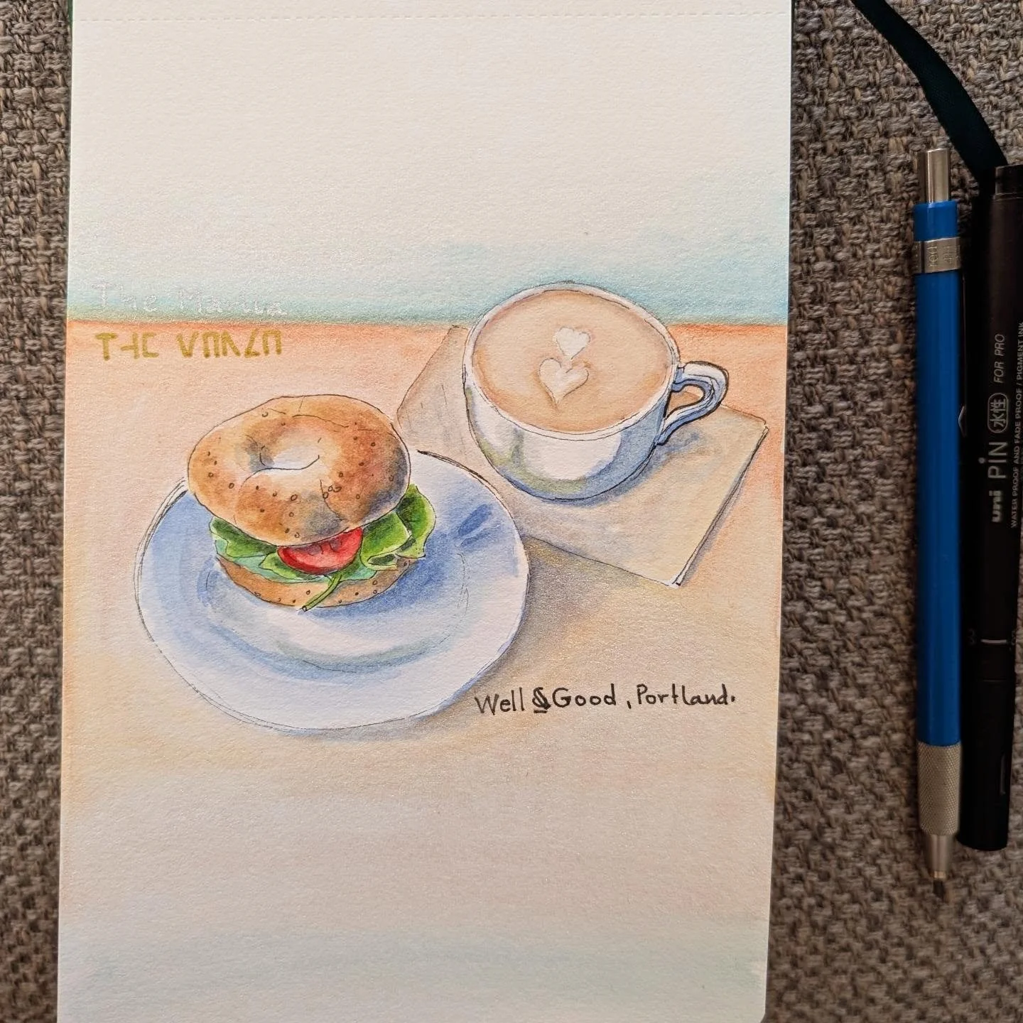 The Marlia &amp; Cappuccino 

This time I decided not to paint the seeds on the bagel. I liked the colors I got in there and stopped before it got too muddy. There are some parts of this one that I like: the plage and the windows light reflecting in 