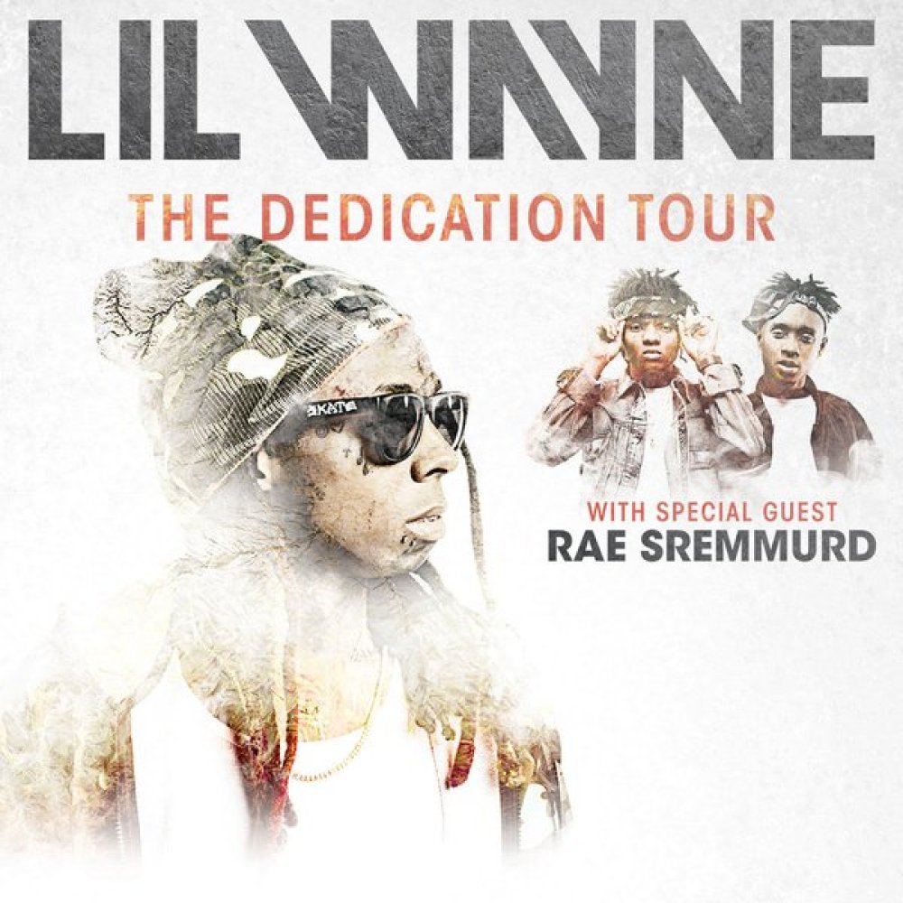 Lil Wayne announces The Dedication Tour with Special guests Rae Sremmurd . The 19-city tour, kicks off on January 21 in El Paso, Texas. Jan 21 — El Paso, TX @ El Paso County Coliseum Jan 23 — Hidalgo, TX @ Statefarm Arena Jan 24 — Corpus Christi, TX @ AmericanBank Center Jan 28 — Southaven, MS @ Landers Center Jan 29 — Lafayette, LA @ Cajundome Jan 31 — Bossier City, LA @ CenturyLink Center Feb 3 — Fayetteville, NC @ Crown Coliseum Feb 4 — Richmond, VA @ Richmond Coliseum Feb 5 — Wallingford, CT @ Toyota Presents Oakdale Theatre Feb 18 — Grand Rapids, MI @ Van Andel Arena Feb 20 — Rochester, NY @ Blue Cross Arena Feb 23 — Bethlehem, PA @ Sands Bethlehem Event Center Feb 25 — Toledo, OH @ Huntington Center Feb 26 — Dayton, OH @ Wright State University Nutter Center Feb 27 — State College, PA @ Bryce Jordan Center Feb 28 — Youngstown, OH @ The Covelli Centre Mar 1 — Sioux Falls, SD @ Denny Sanford PREMIER Center Mar 3 — Bloomington, IN @ Assembly Hall Mar 6 — Lincoln, NE @ Pinnacle Bank Arena