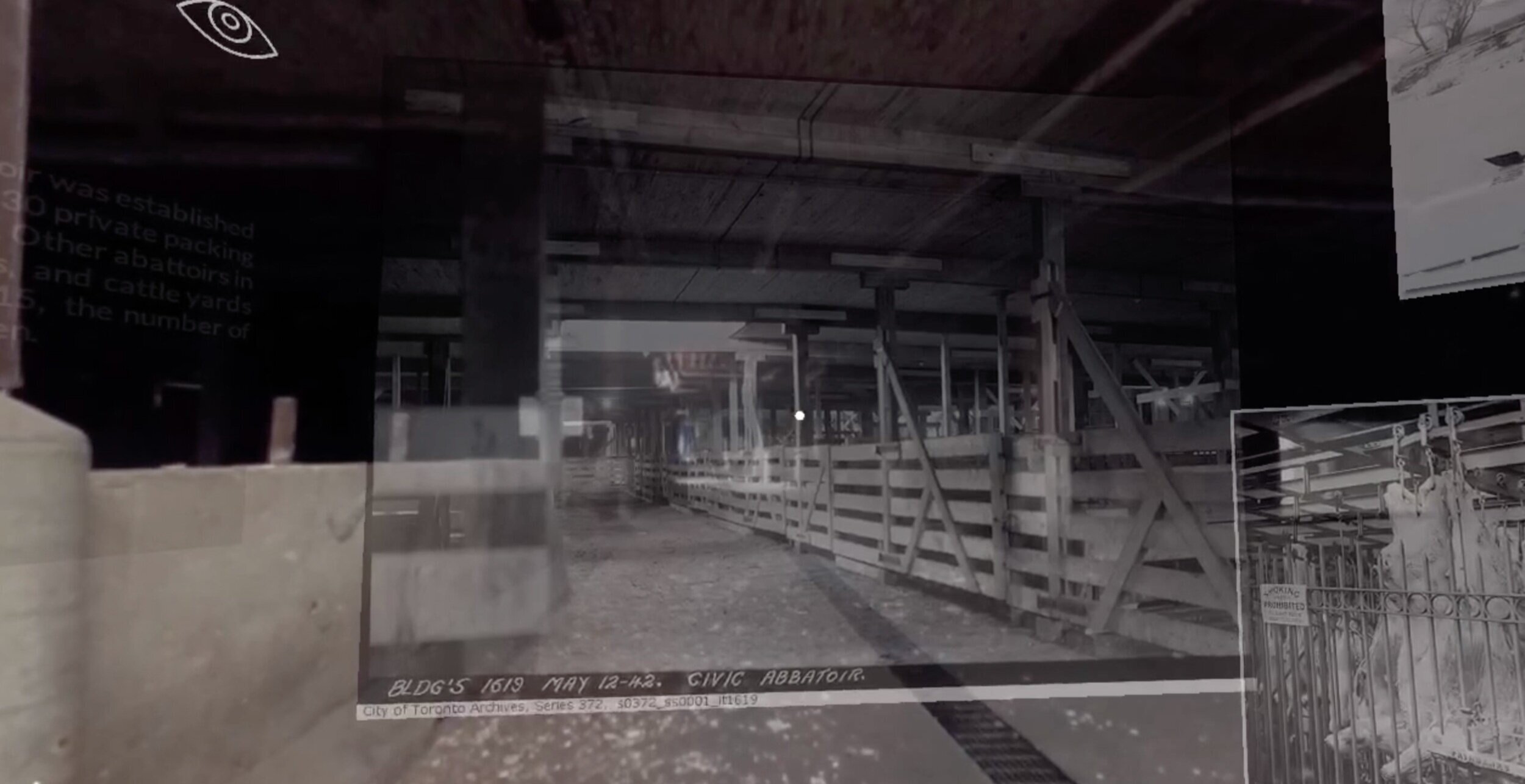  Hogtown Sensory Archive is an interactive archive in VR that explores the multiple histories and communities surrounding Toronto’s last operating abattoir. The project is located on the site of the new abandoned Quality Meat Packers plant, in operat