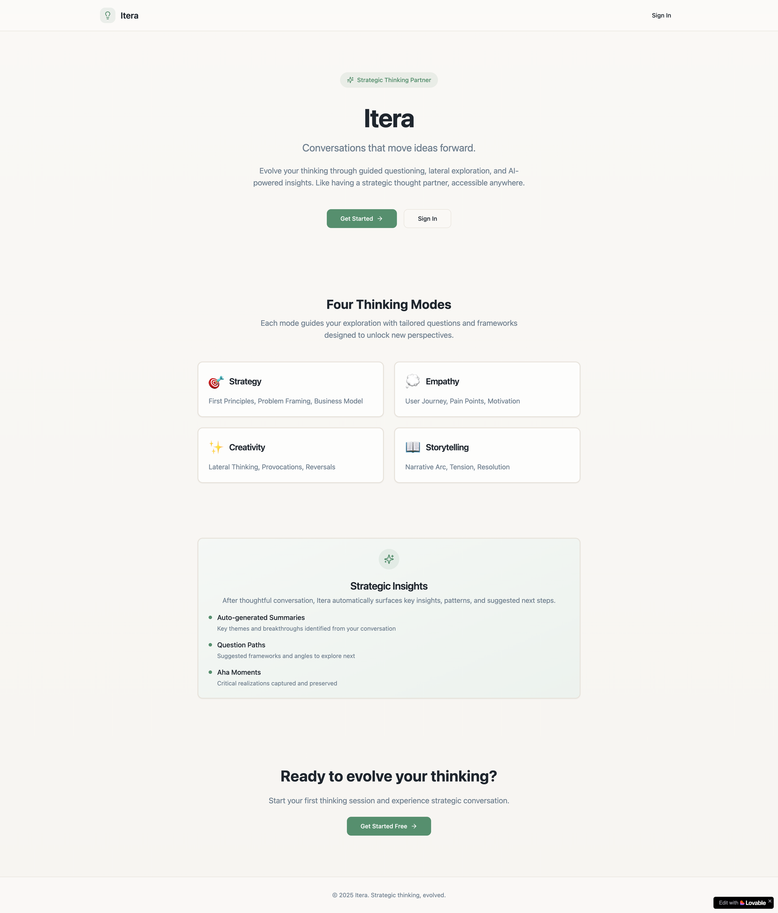 Screenshot of the Itera website homepage outlining its four thinking modes: Strategy, Empathy, Creativity, and Storytelling, with a section on strategic insights and a call-to-action to get started.