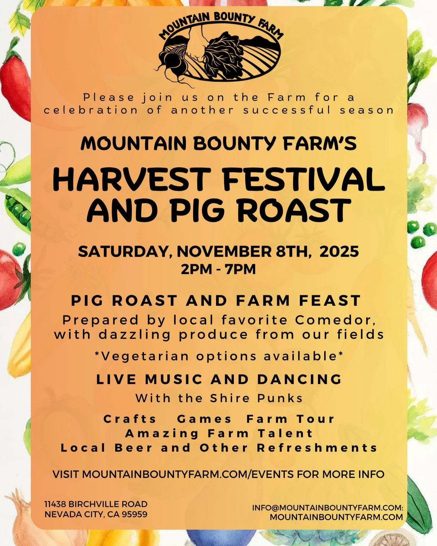 Get ready for an afternoon of fun at the Mountain Bounty Farm 2025 Harvest Festival!
Come celebrate the abundance of the season at our stunning farm, nestled at 11438 Birchville Road, Nevada City, CA.
This is an event you won't want to miss! 
Indul