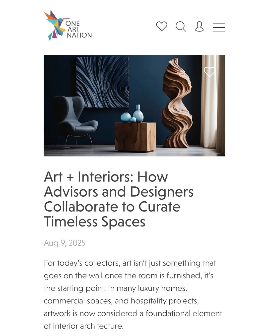 I recently spoke with One Art Nation @oneartnation for “Art + Interiors: How Advisors and Designers Collaborate to Curate Timeless Spaces.” 
You can read my thoughts above or the full write up at the link in my bio!
#laurasolomonfineart