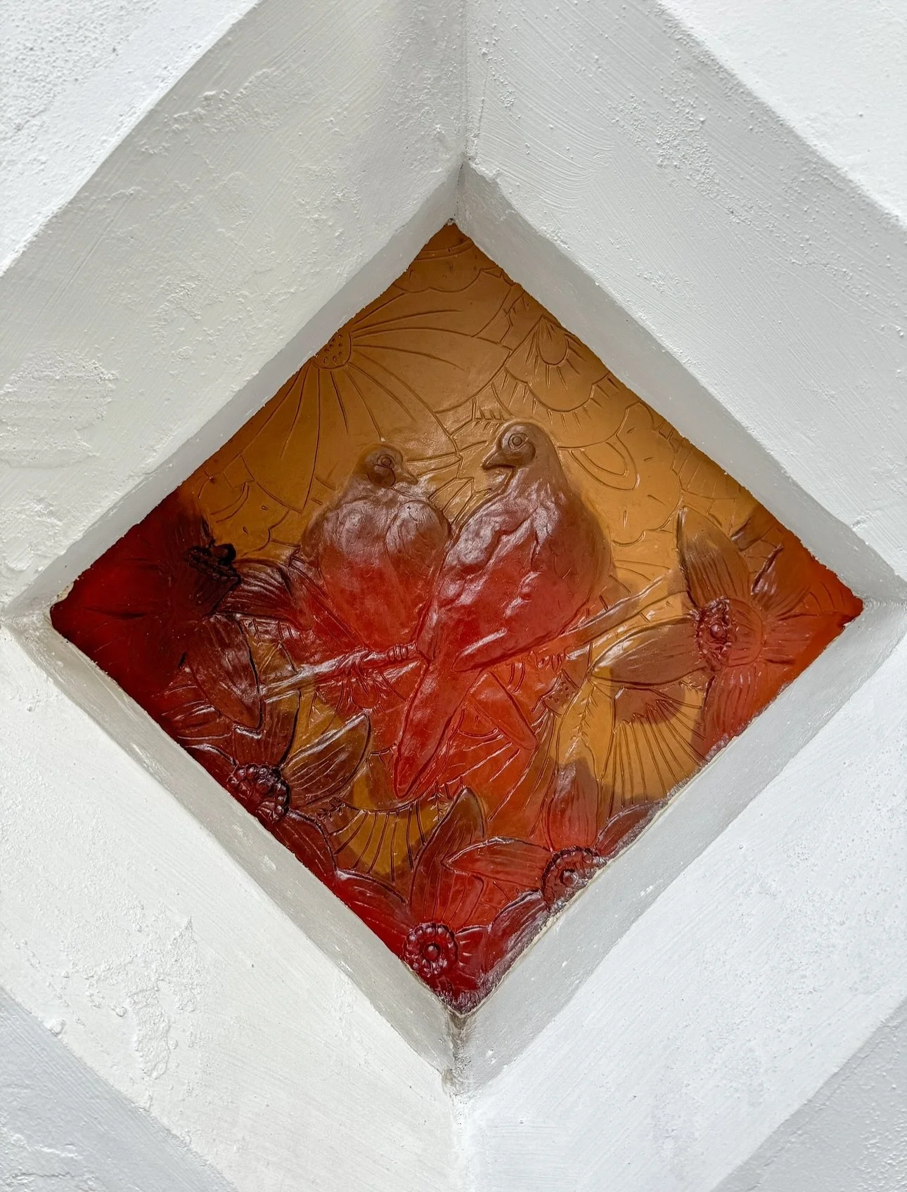 I&rsquo;m going to start catching up on older projects I&rsquo;ve never posted, starting with another experiment in cast glass: a window with mourning doves and orange blossoms. Solid glass cast in the kiln in a plaster mold made off an original piec
