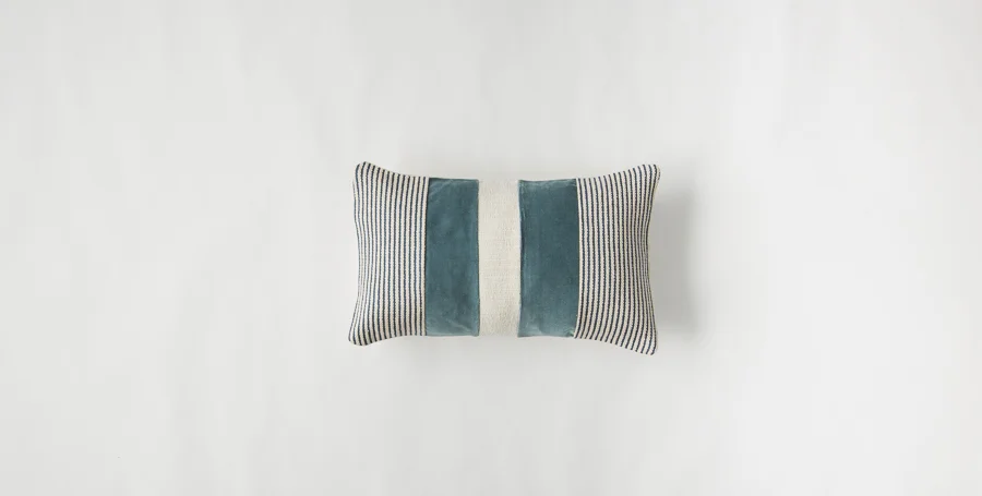 12"x 20" Blue Velvet and Stripes Lumbar Pillow