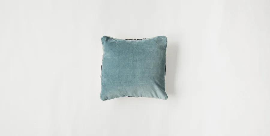 16"x 16" Blue Velvet Lumbar Pillow with Mud Cloth Piping