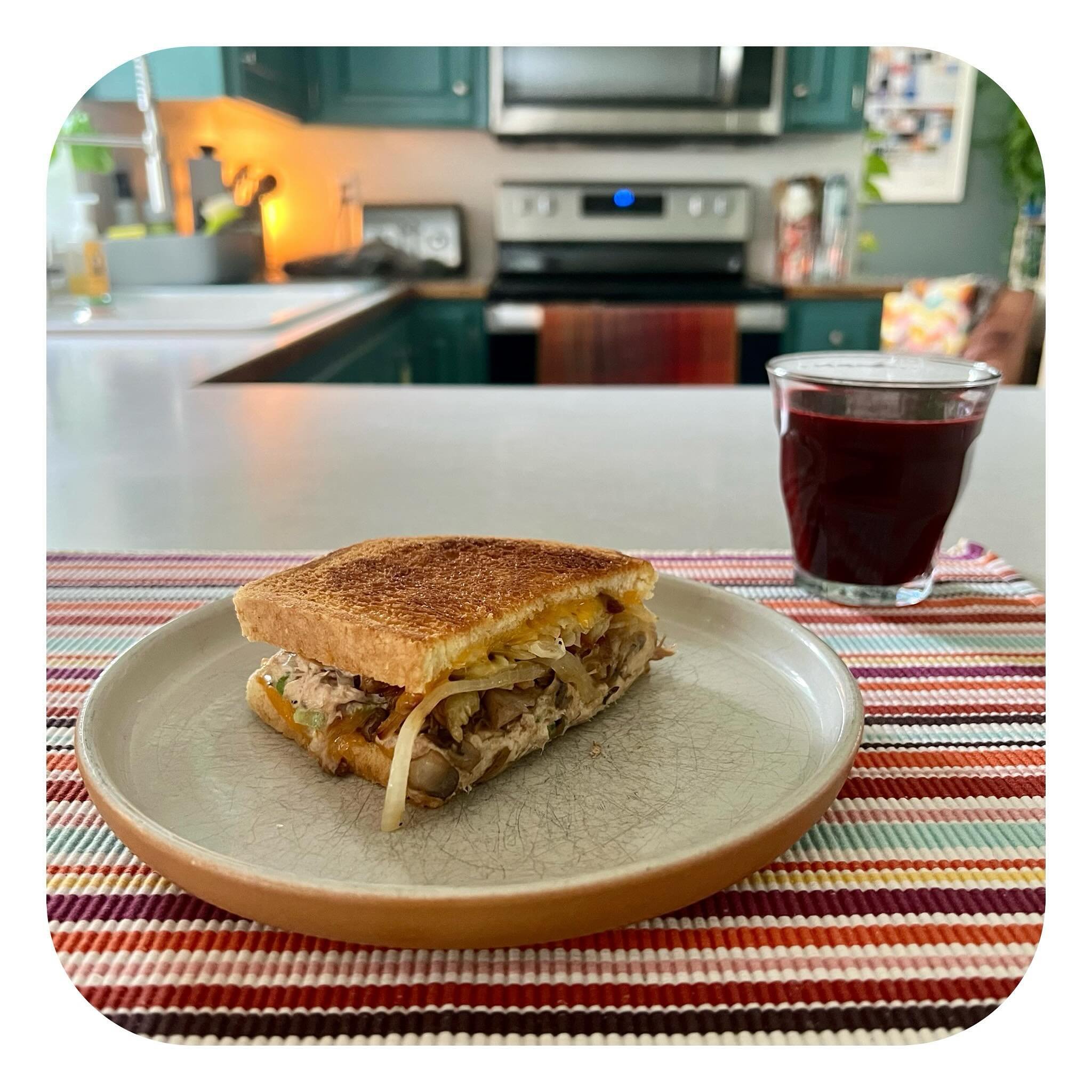 433 Cals &bull; Leftover 1/2 tuna melt sandwich and beet juice. 

Had the other half for breakfast at our favorite breakfast diner. I usually get an omelette there but we went kinda late and I was more in the mood for lunch and a sandwich and salad. 