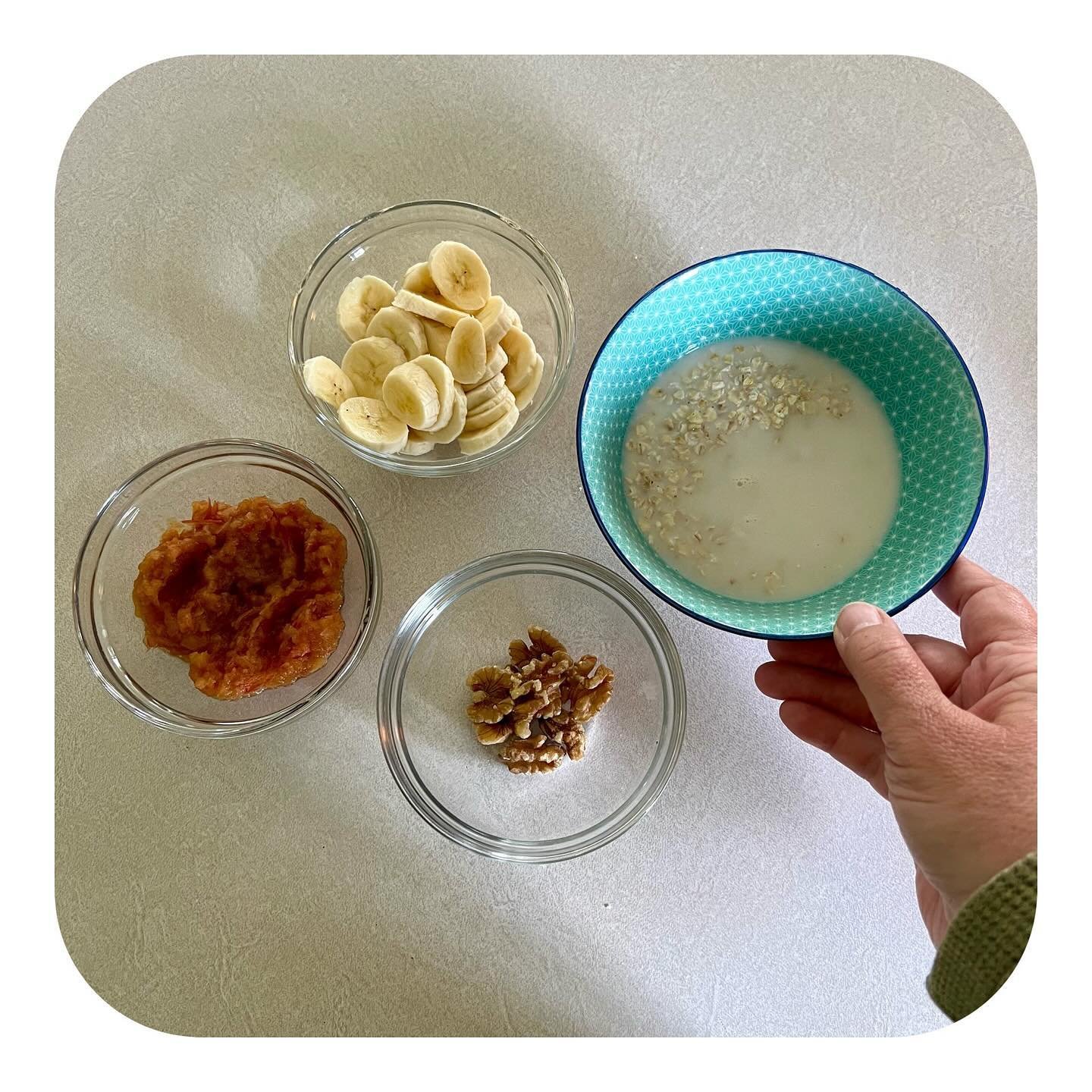 340 cals &bull; Breakfast oats:

1/4 cup quick oats
1/2 cup almond milk 
1/2 apple, grated
1 medium banana
14g walnuts
1 tsp peanut butter 
Sprinkled either cinnamon 

This morning I realized that I had none of the ingredients to either make my smoot