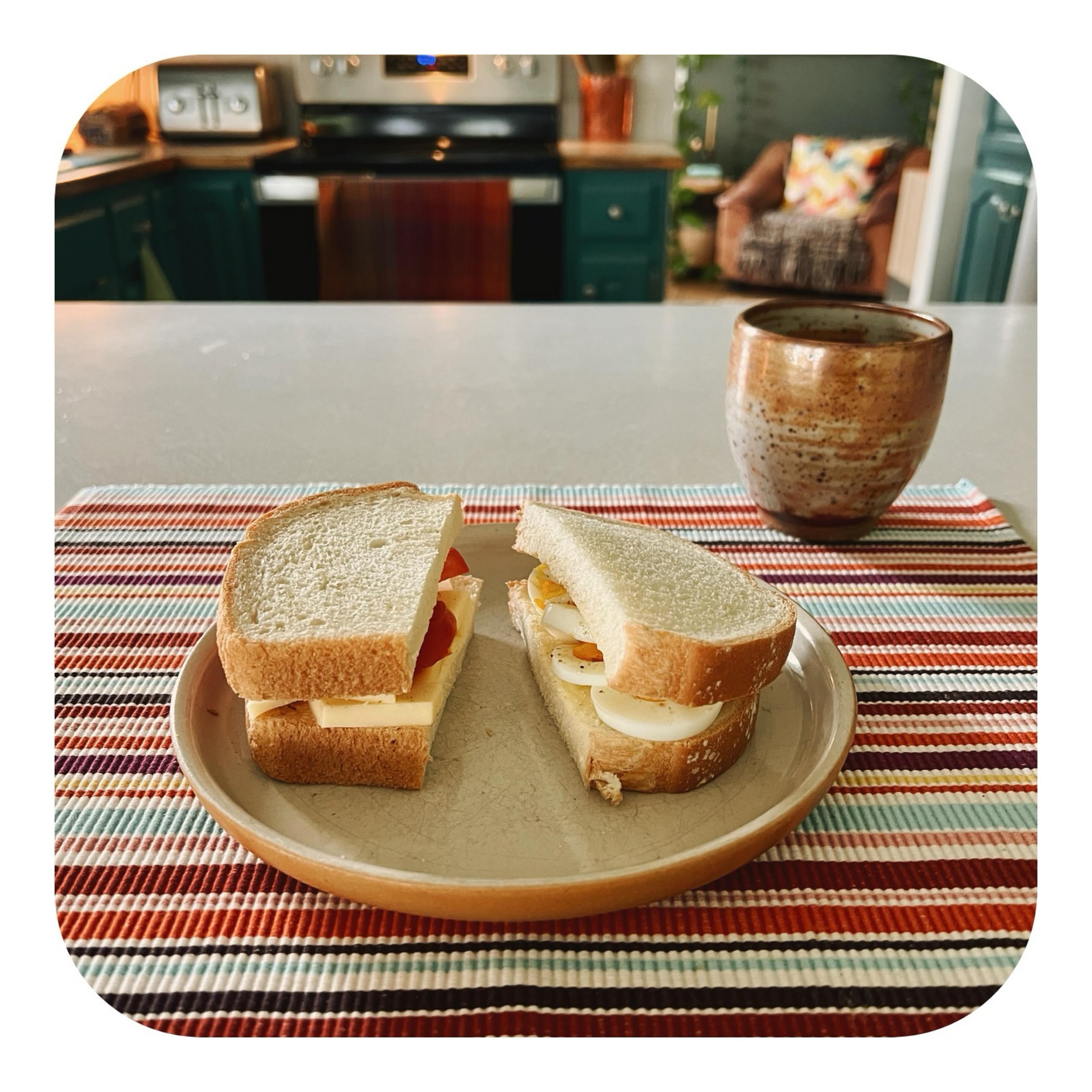 505 cals &bull; Breakfast: 2 slices Naked white bread, 28oz Gouda cheese, tomato and 1 boiled egg. 

When I grew up in Germany, white &lsquo;toast&rsquo; bread was only allowed as an occasional treat, wholewheat or rye bread was our staple. I remembe