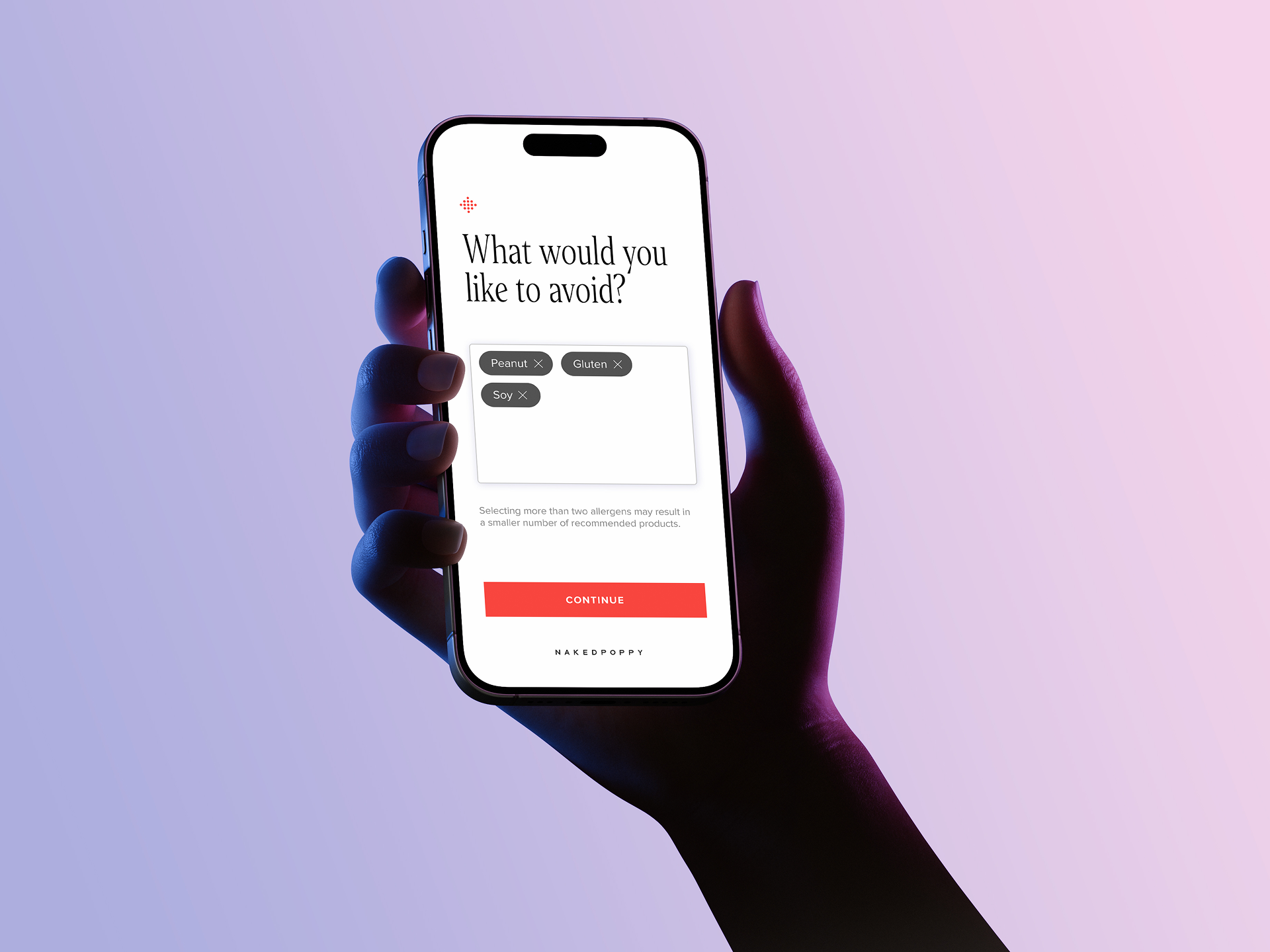 Mobile UI design for NakedPoppy showing an allergen selection interface used to personalise clean beauty product recommendations.