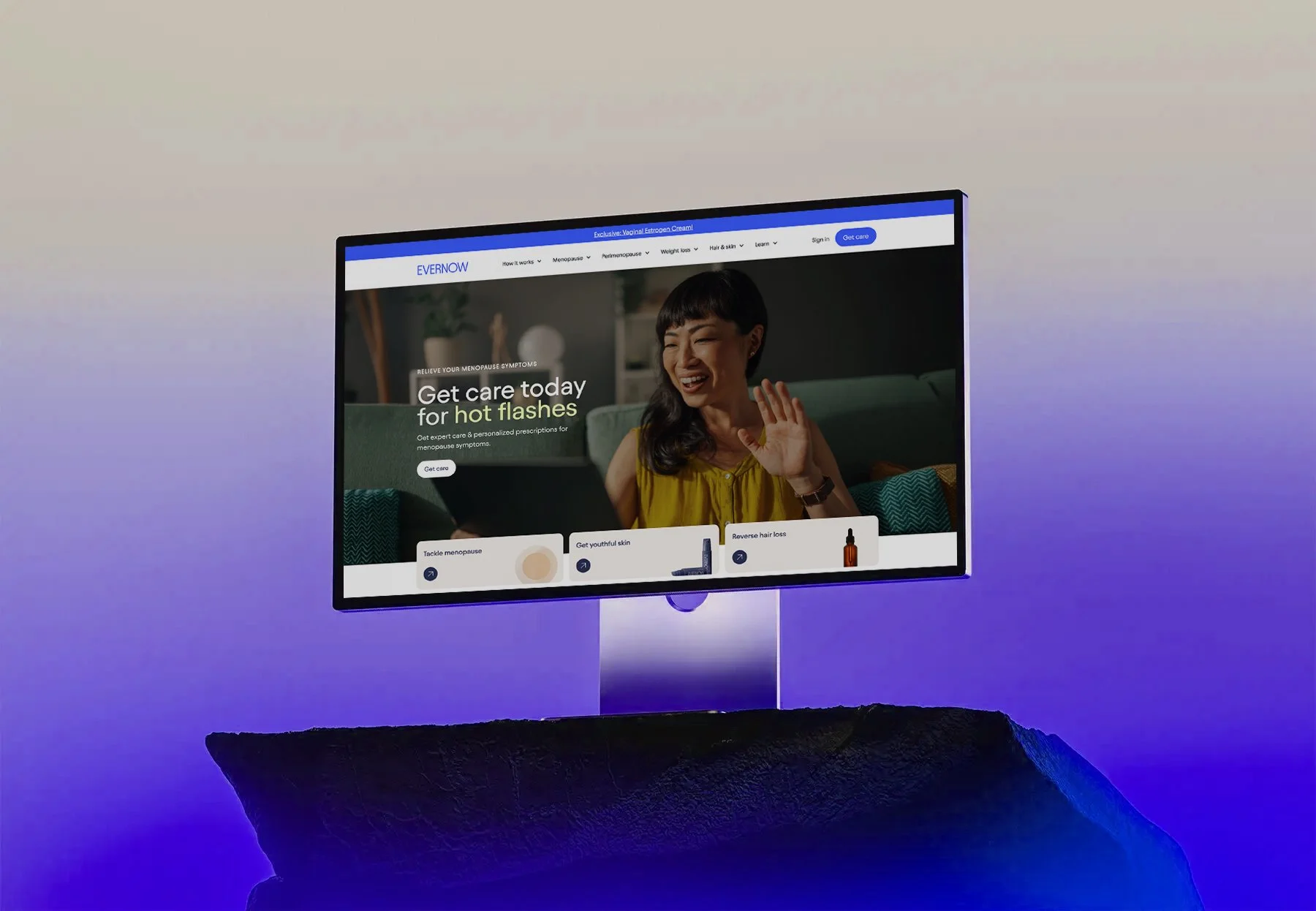 Desktop website design for Evernow showing a menopause care platform homepage.