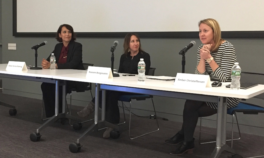 Alexie Torres-Fleming, Roseann Bongiovanni, Executive Director at GreenRoots, and Amber Christoffersen, Mystic Greenways Director at the Mystic River Watershed Association.