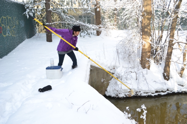 MyRWA staff collect a water quality sample at Alewife Brook, 2014.