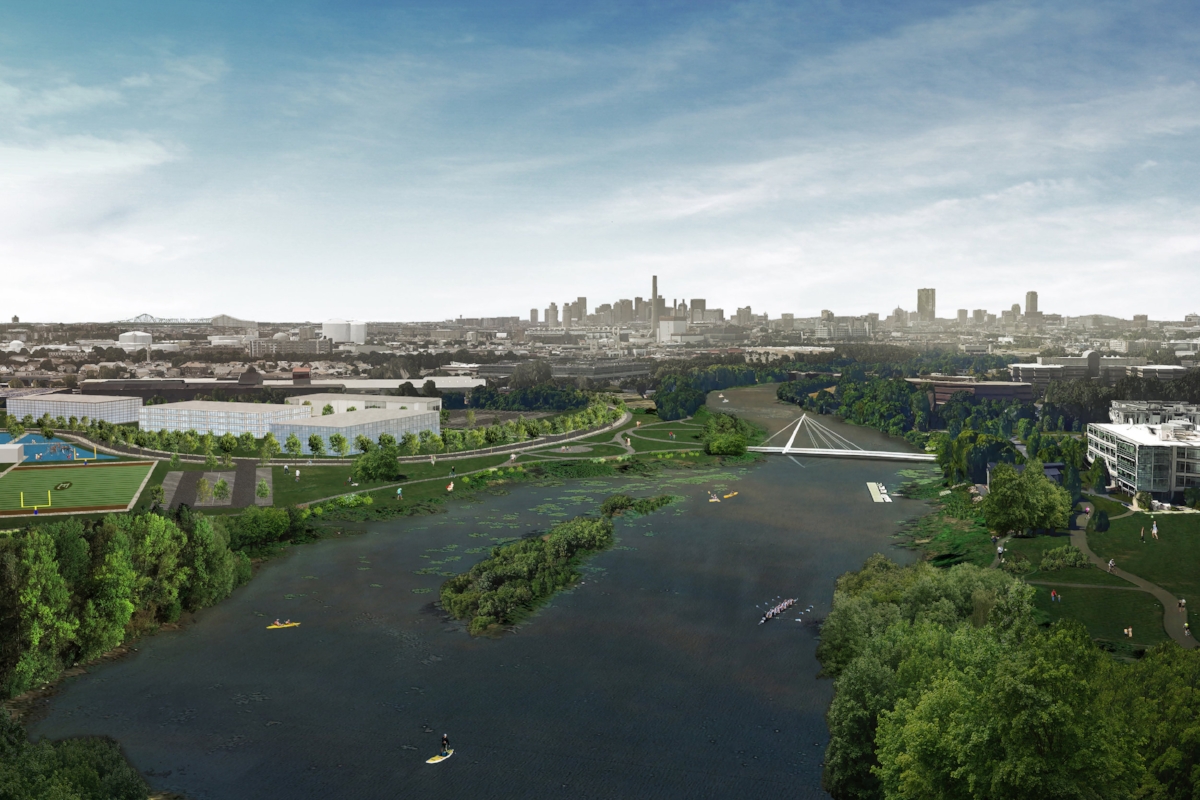 Proposed rendering of the Malden River Greenway looking south towards downtown Boston (credit: Utile Design).
