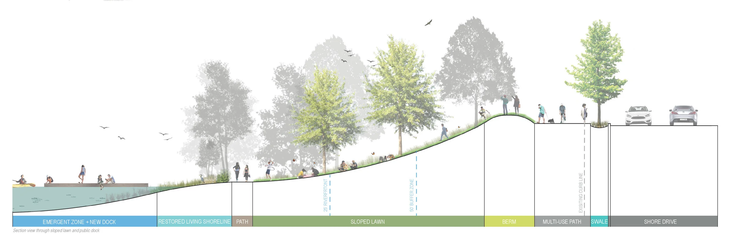Cross section of the park design with proposed new dock, walking trail and sloped lawn with views over the Mystic River Basin. Credit: Offshoots Productive Landscapes.