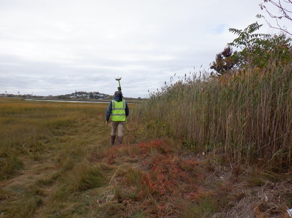   Figures 3-5.  Team mapping the topography of wetlands in Belle Isle. PC: Ryan Kappel, Woods Hole Group 