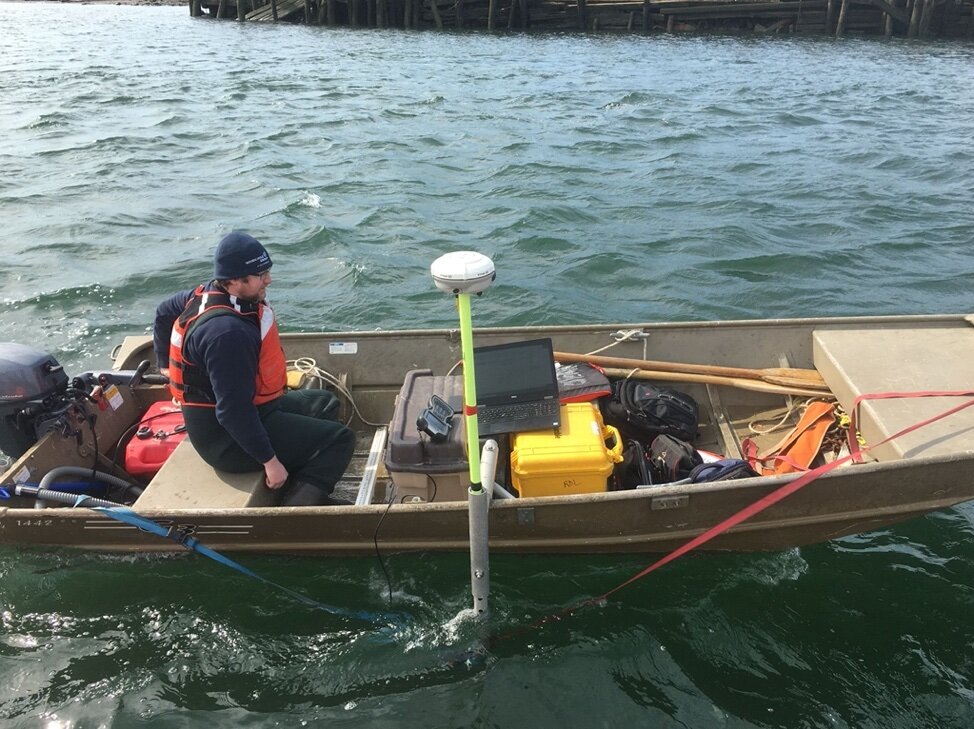   Figures 6-8.  Team mapping bathymetry at Belle Isle.. PC: Ryan Kappel, Woods Hole Group 