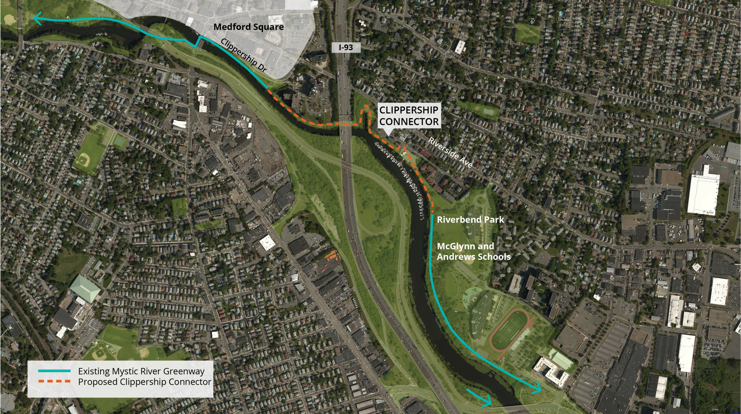 Location of the proposed Clippership Connector path along the Mystic River near Medford Square. 