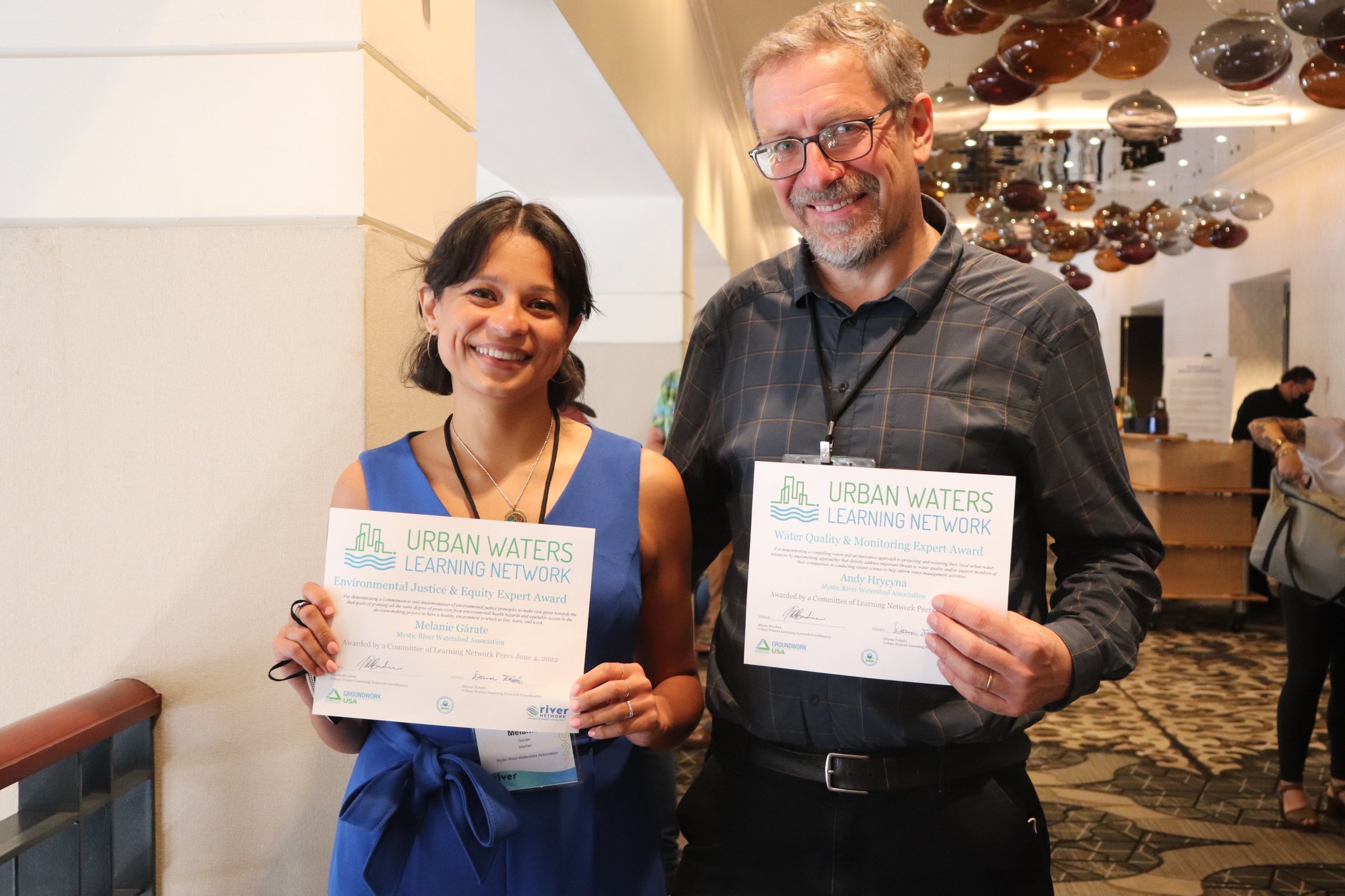  6.5.2022 | Former Climate Resilience Manager Melanie Garáte and Watershed Scientist Andy Hrycyna are recognized at River Rally 2022 for their outstanding contributions to the fields of Environmental Justice &amp; Equity and Water Quality &amp; Monit