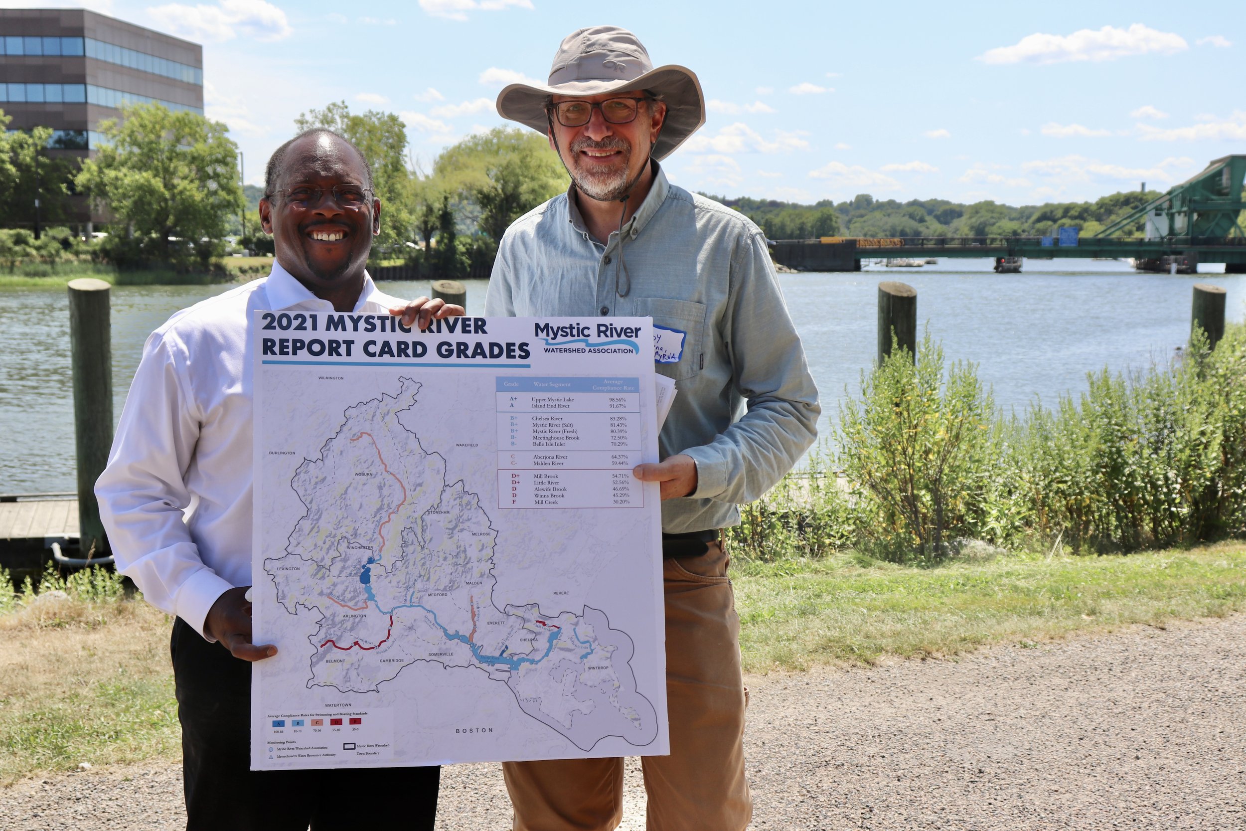  7.15.2022 | Deputy Director of Programs Dave Queeley and Watershed Scientist Andy Hrycyna present the  2021 Mystic River watershed water quality grades  alongside the grades for the Neponset and Charles River watersheds at this year’s Three Rivers R