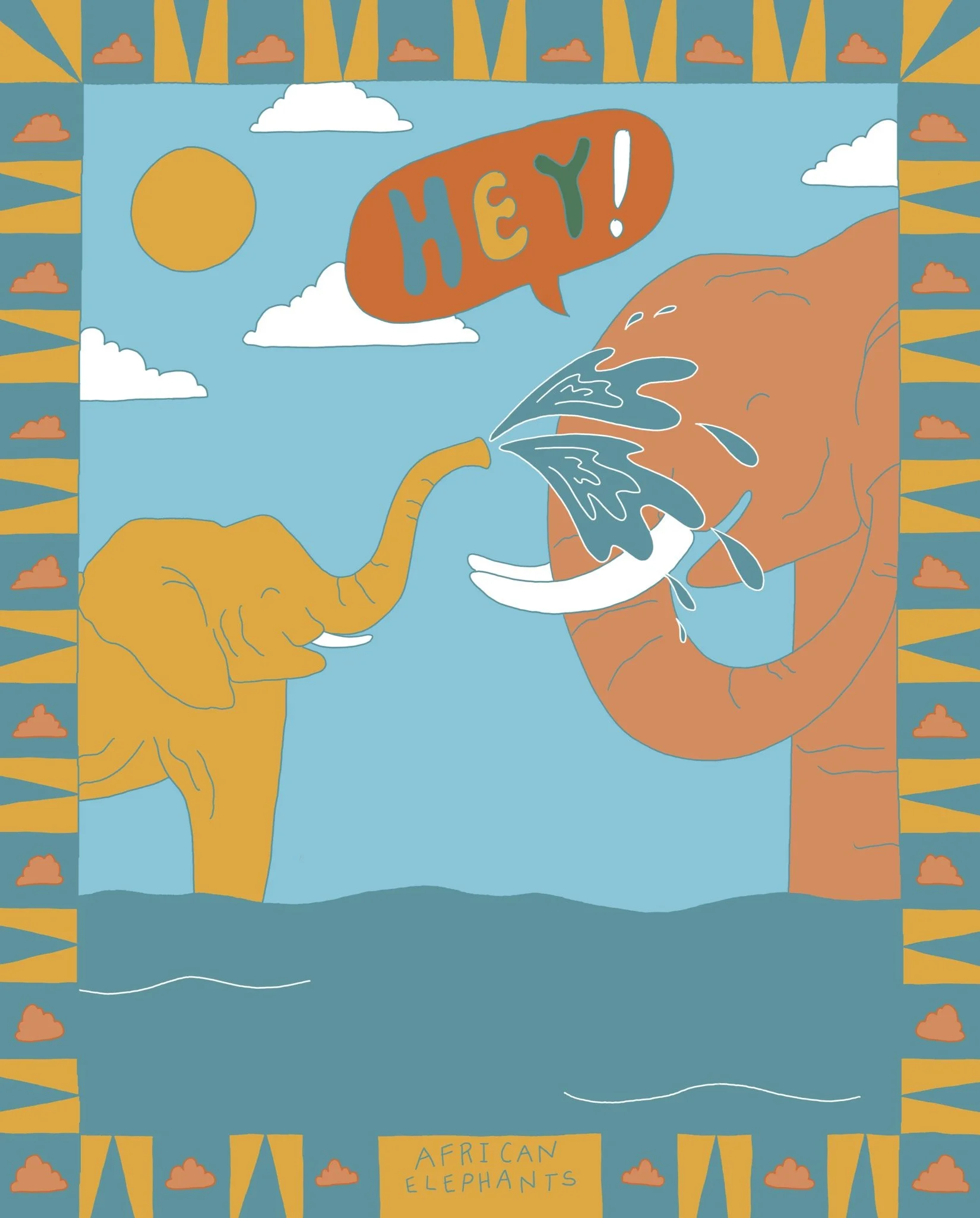 A drawing of an elephant spraying another elephant with water from its trunk.