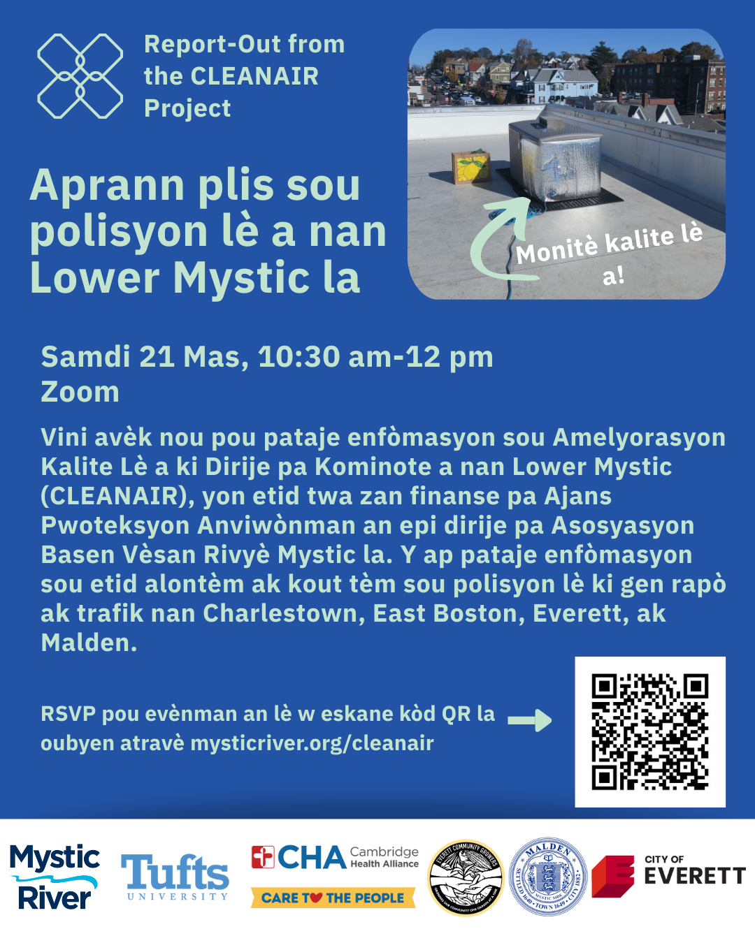 Decorative flyer in Haitian Creole with an image of an air quality monitor