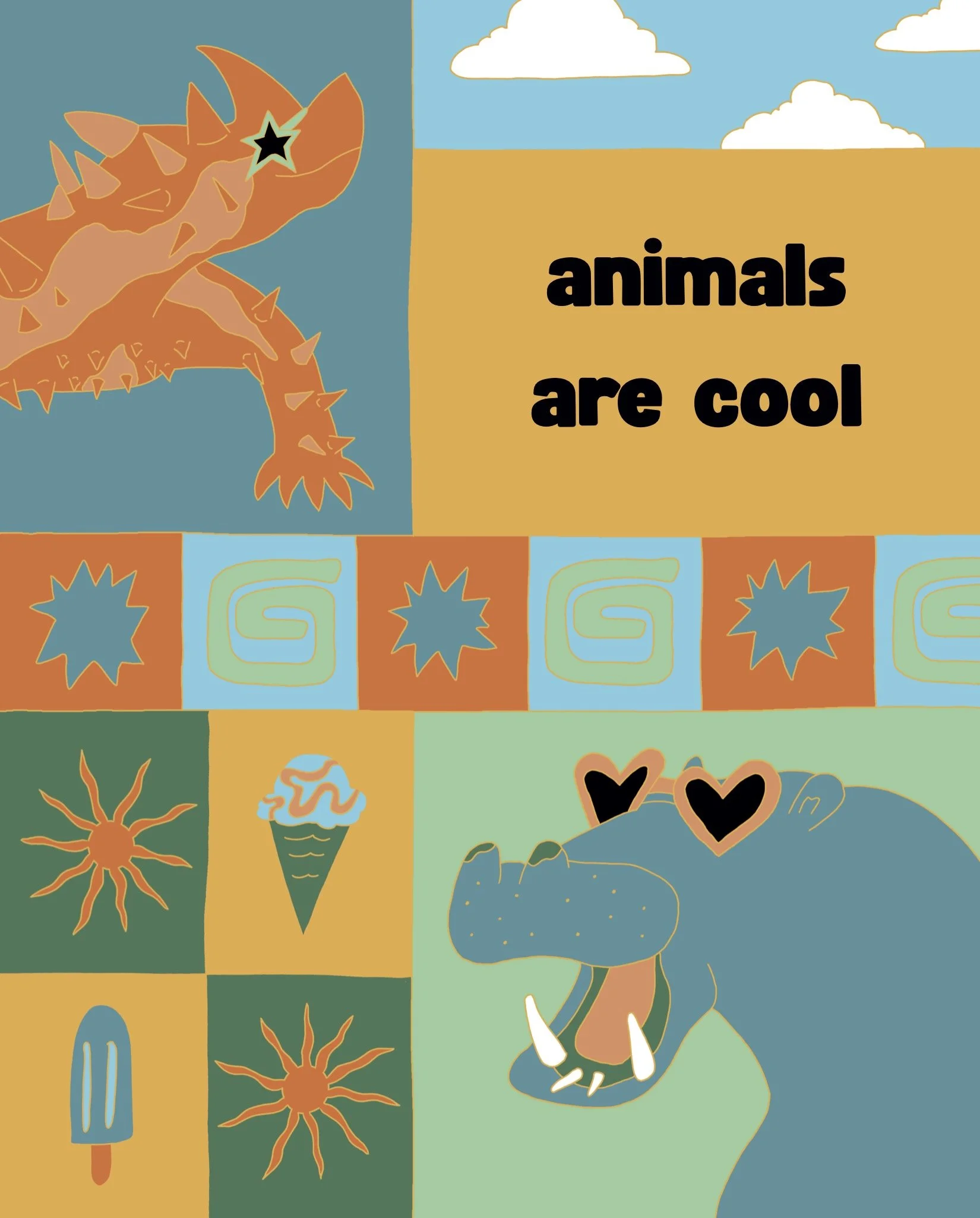 A booklet cover with drawings of a thorny devil lizard and a hippo wearing sunglasses.