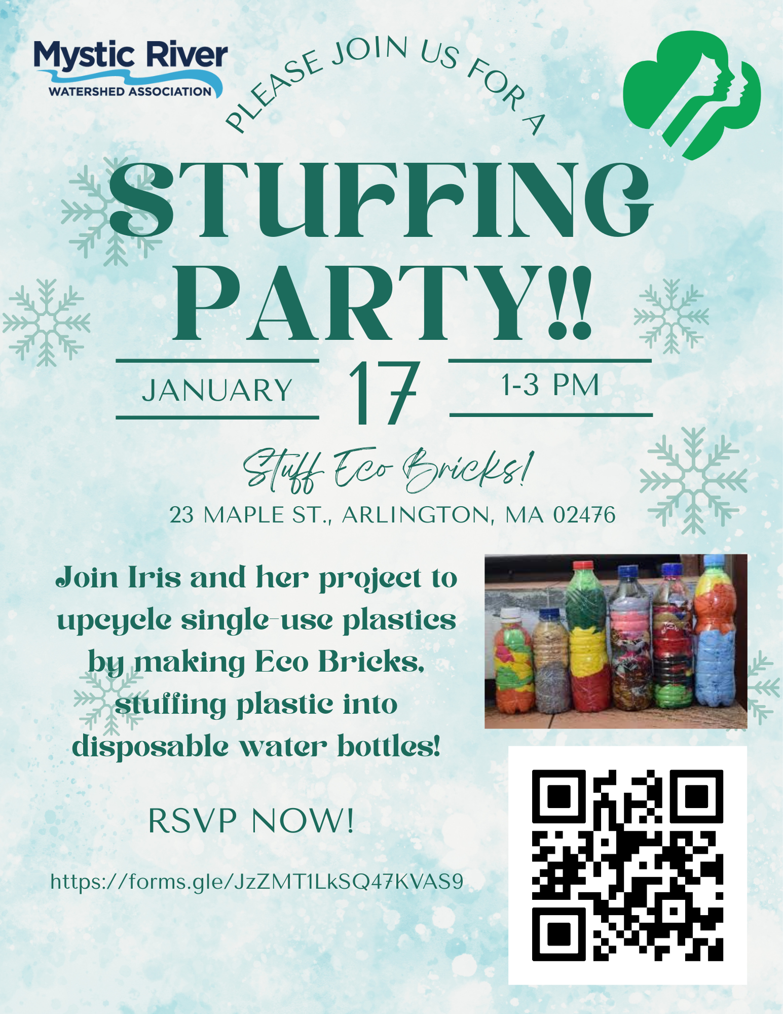 Decorative flyer with a photo of plastic bottles stuffed with colorful plastic.