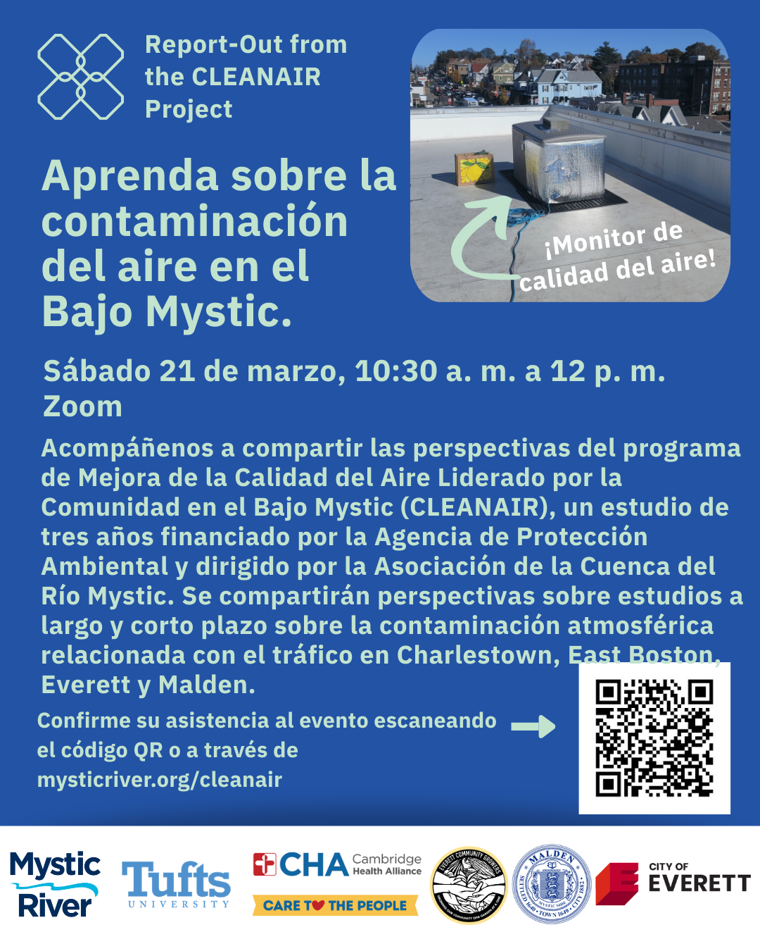 Decorative flyer in Spanish with an image of an air quality monitor
