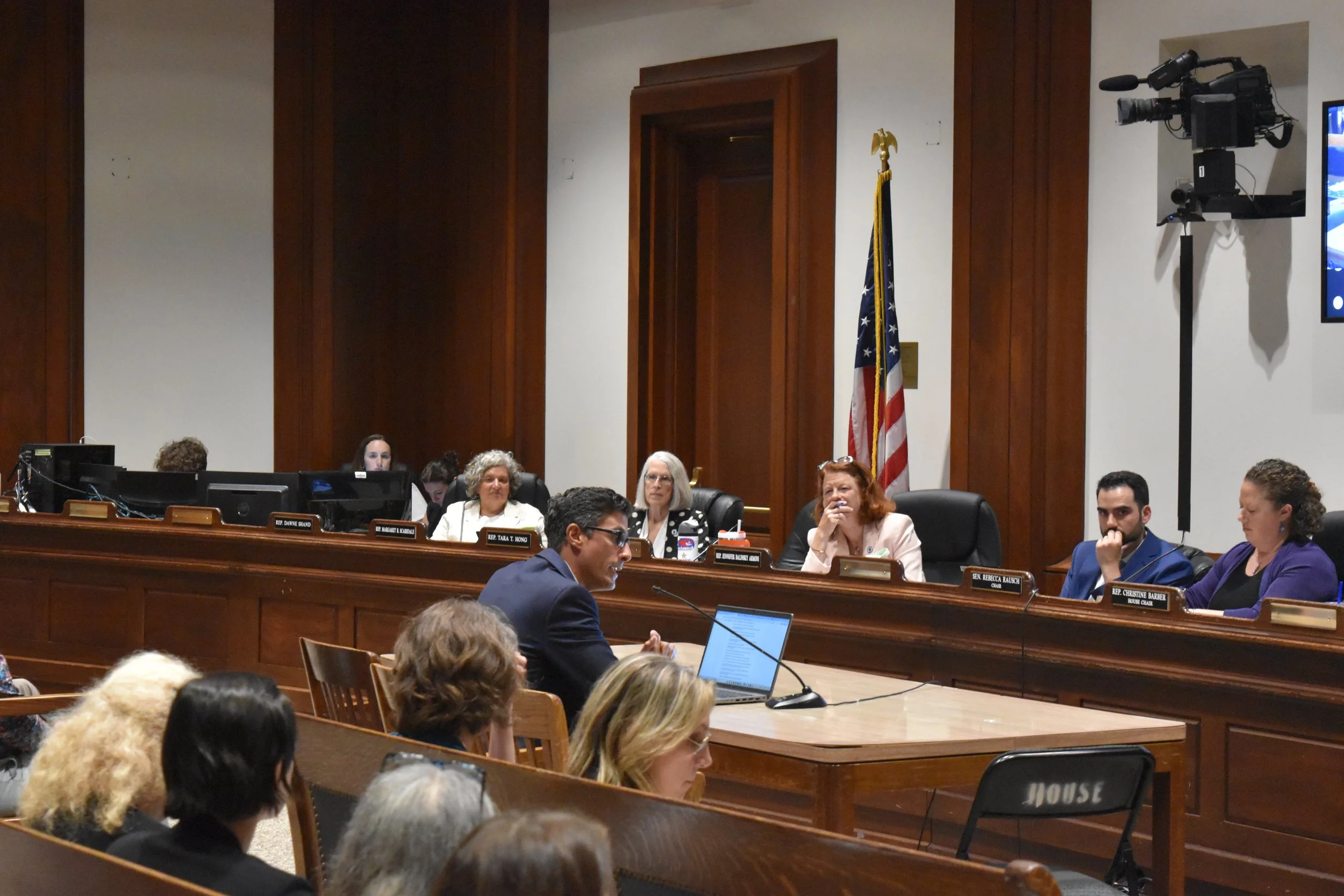 Nasser speaks into a microphone at the Environmental Bond Bill Hearing at the Statehouse.