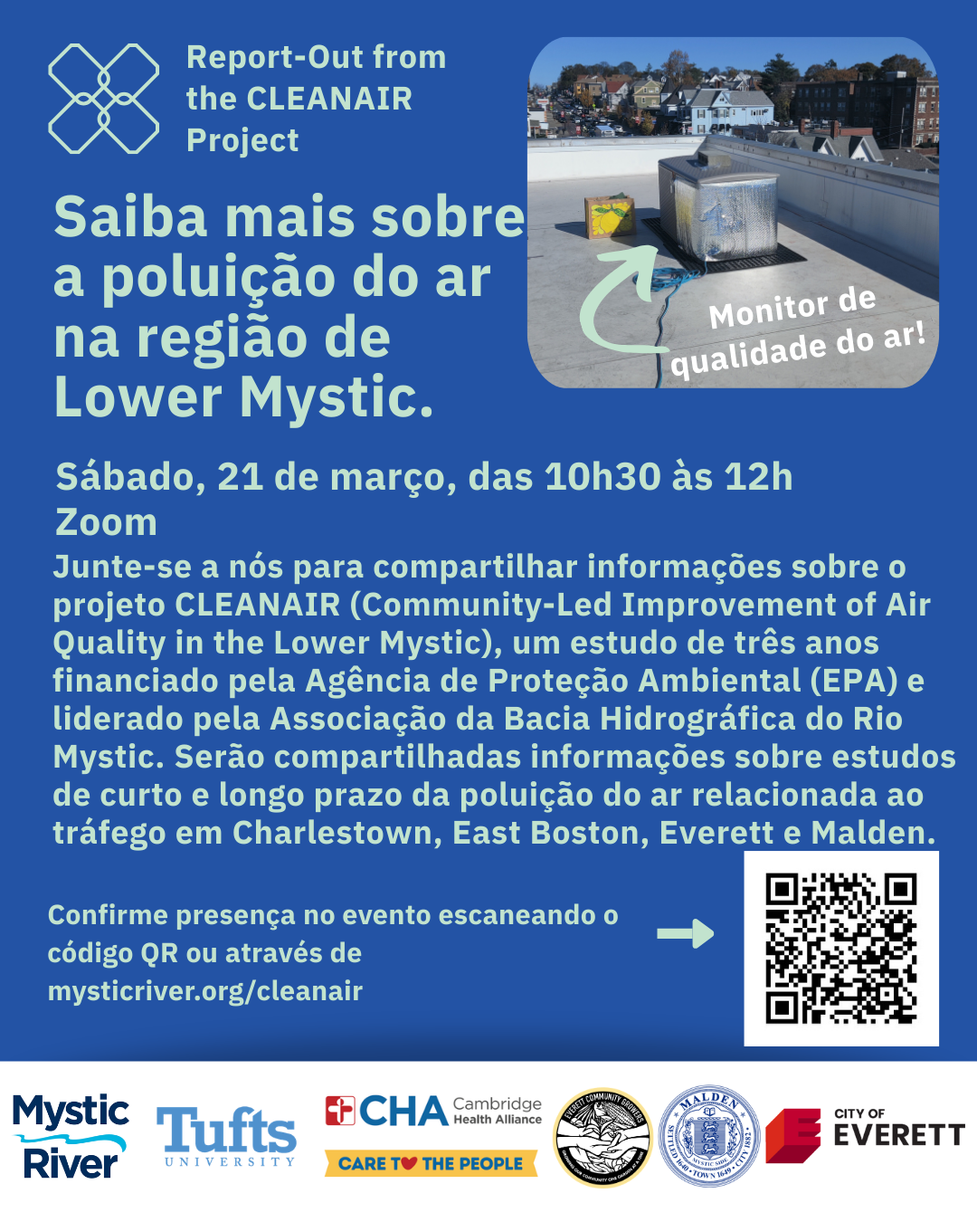 Decorative flyer in Portuguese with an image of an air quality monitor