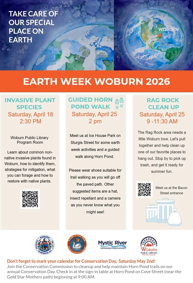 Decorative flyer with information on the Woburn Library talk on 4/18, the Rag Rock cleanup on 4/25, and the Guided Horn Pond walk on 4/25. For other event details, please see our calendar.