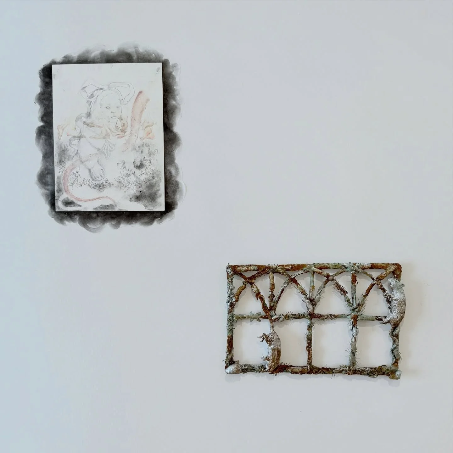 Mixed media works by Terrie Cha | Featured as part of &ldquo;afternoon tiptoe &amp; morning pink tail&rdquo;, currently on view by appointment only through Jan 24th

&ldquo;hurts when you step on it&rdquo;, 2025, ink, pencil, paste, charcoal, and cig