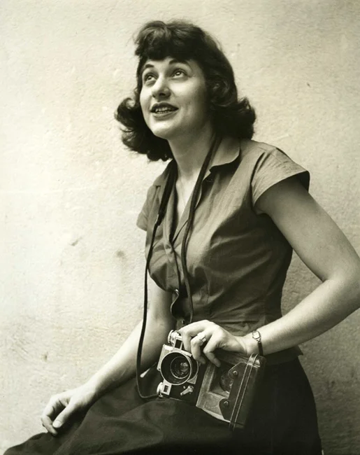 A portrait of Orkin and her camera in 1947. Source: Ruth Orkin photography .