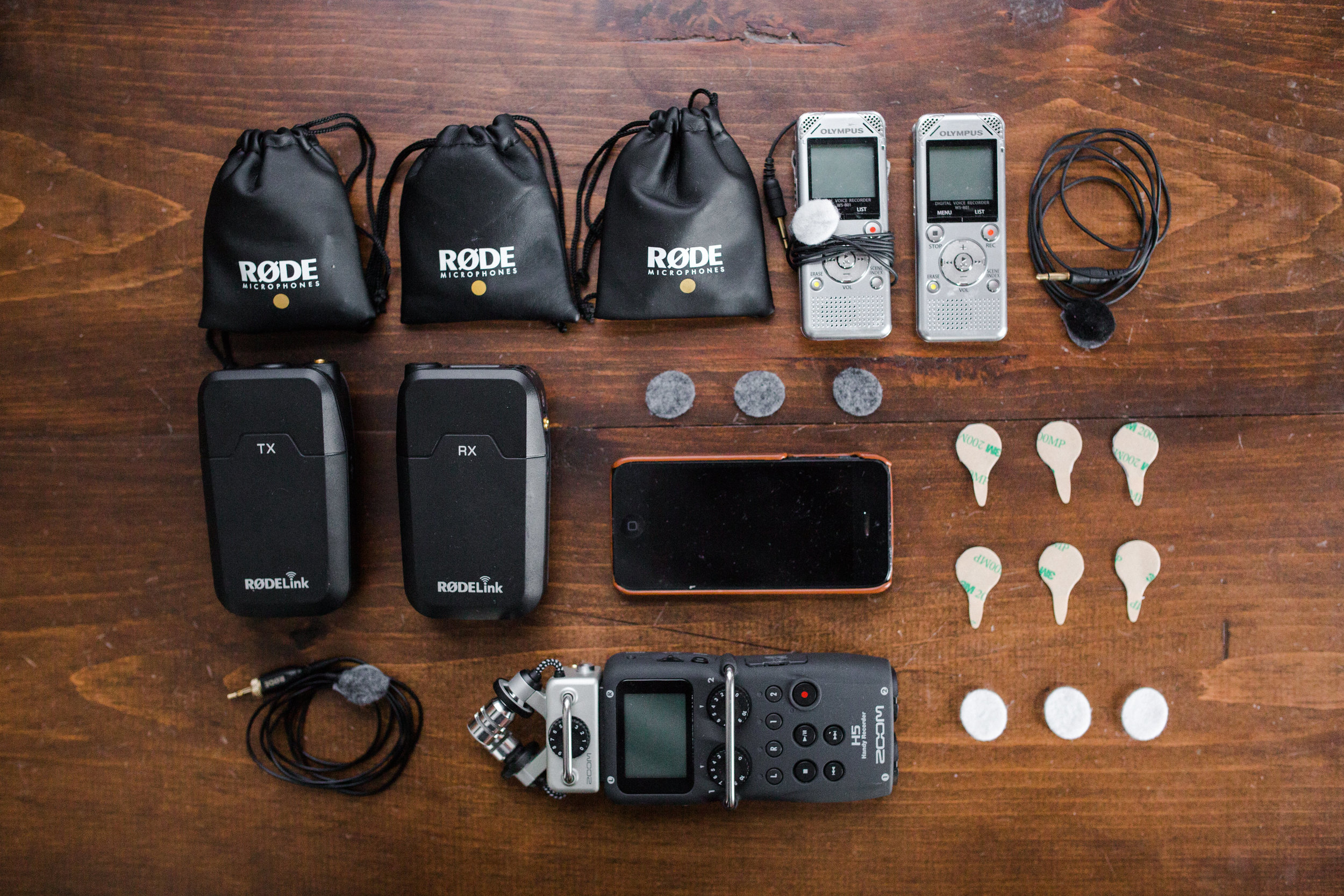 This is my kit for capturing good clean audio throughout the day. I use mostly wired Lav's when possible and the Rode SmartLav is my favorite. The Zoom H5 recorder is great for recording house sound out of their sound board if available. 
