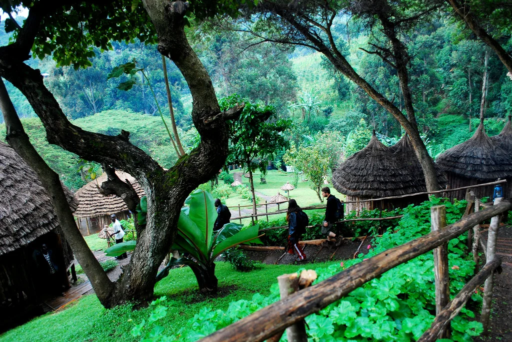 People walking on a pathway through a lush green park with trees and thatched huts at Sipi Falls in Uganda.