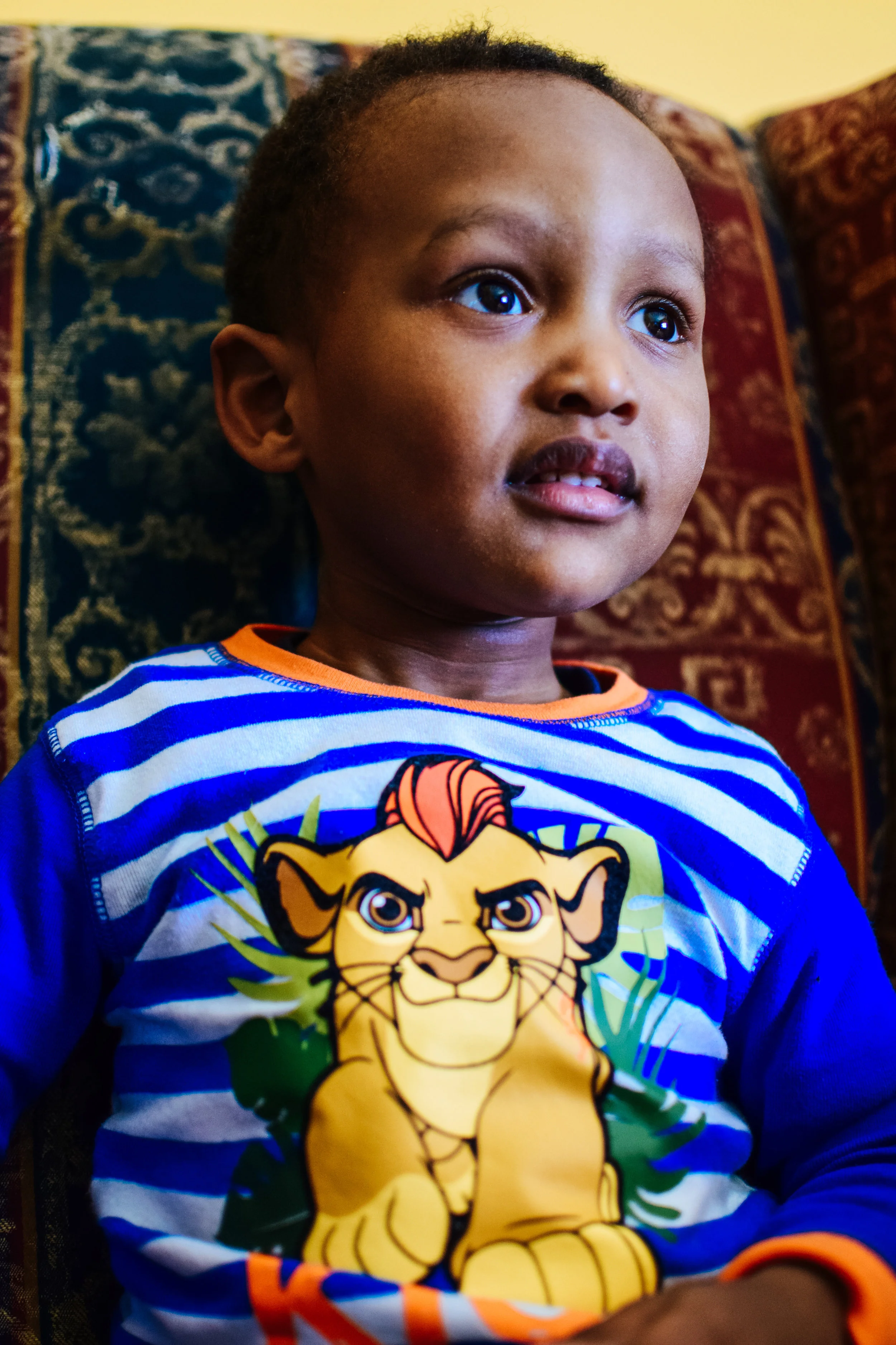 A young boy with dark skin and short curly hair sitting on a patterned couch, wearing a blue and white striped shirt featuring a cartoon lion with a red mane.