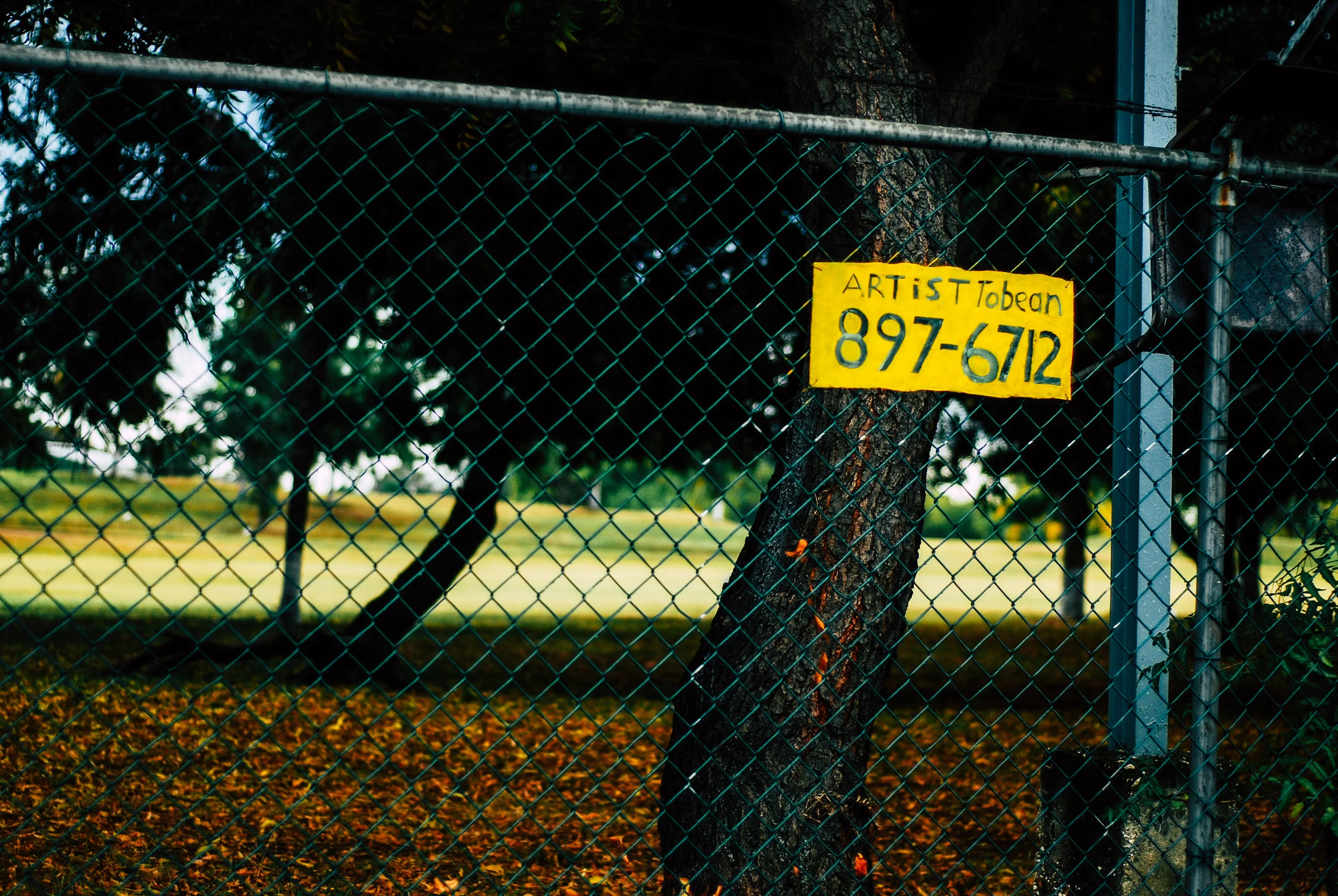 Handwritten yellow sign on a tree behind a chain-link fence reads 'ARTIST To be on 897-6712'.