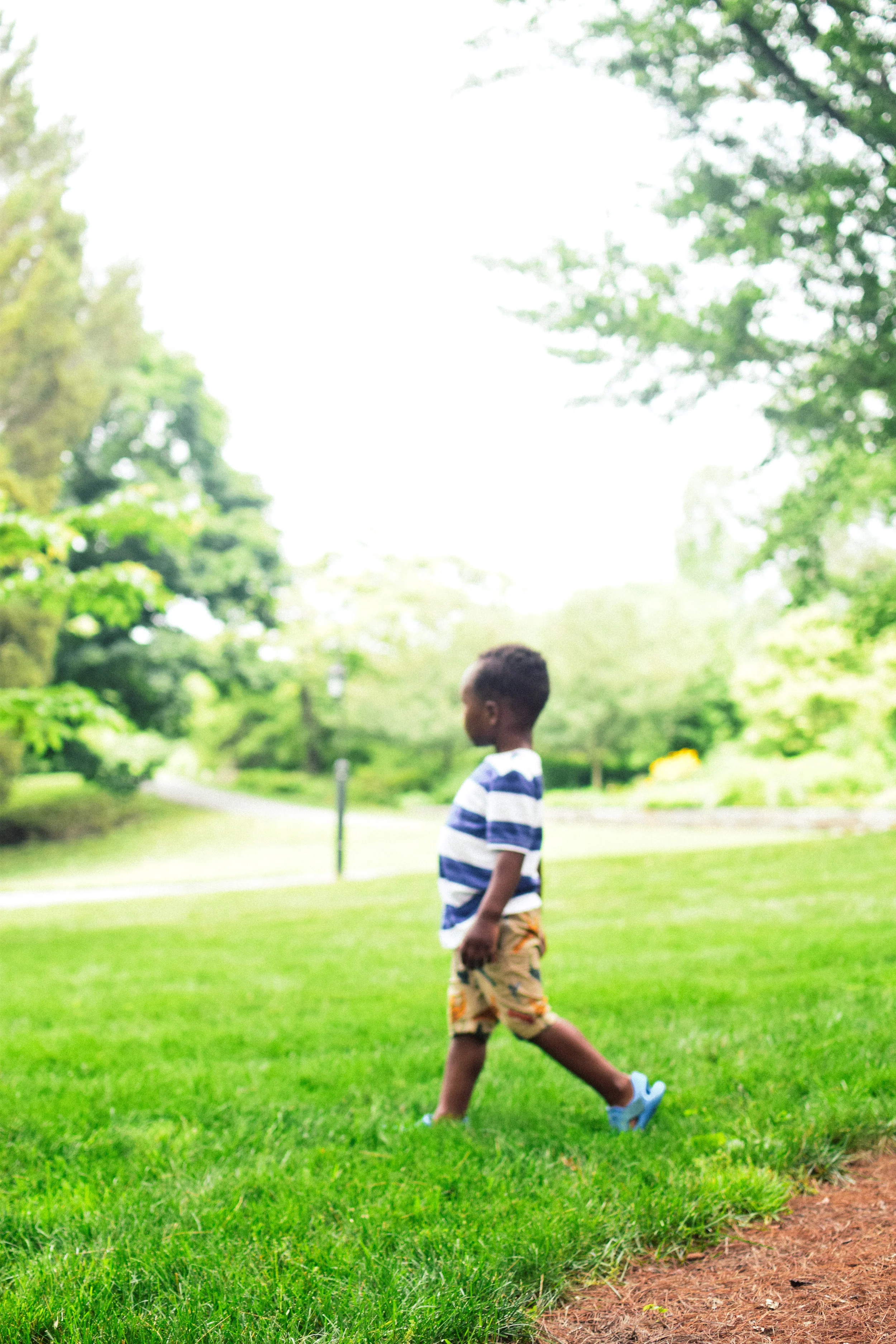 A young boy walking on the grass in a park with trees and a pathway in the background.